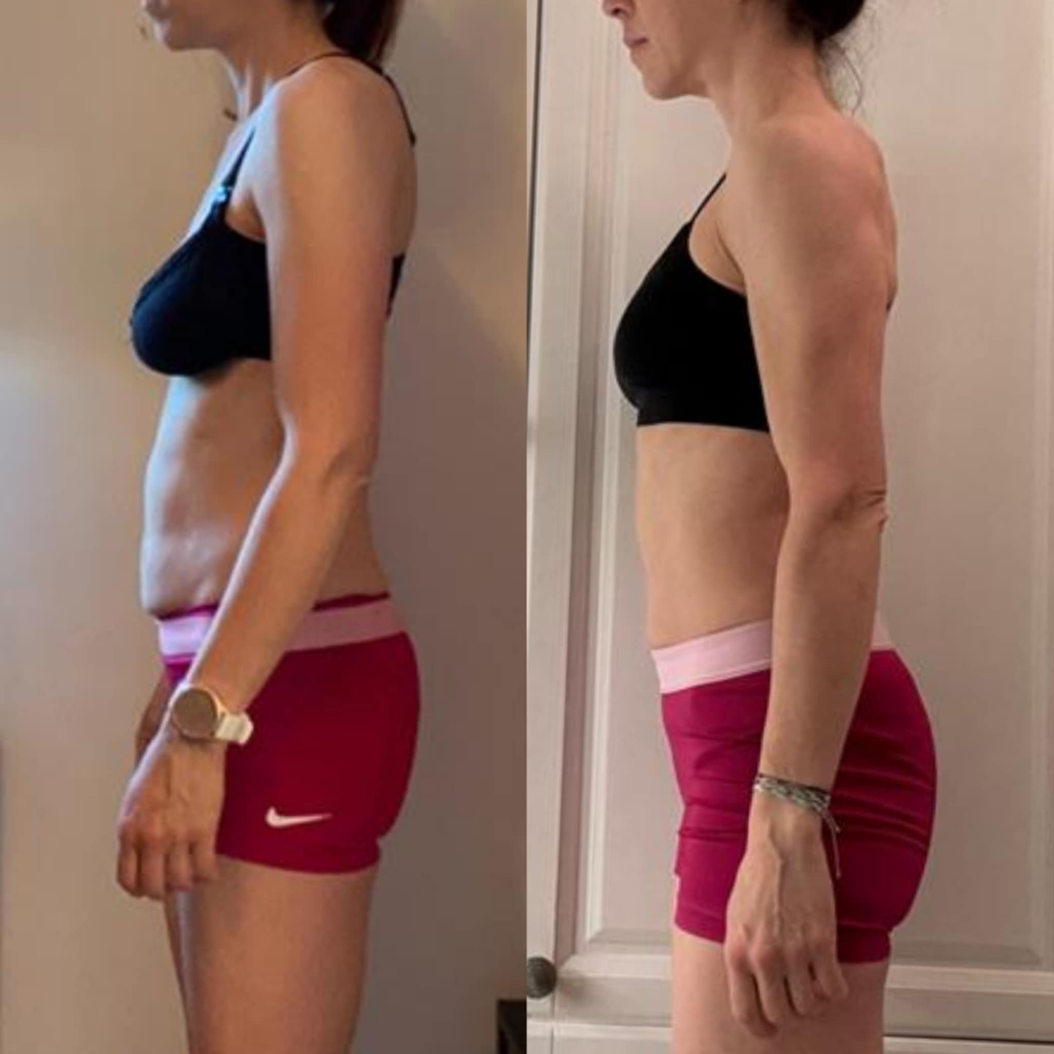 Side-by-side comparison of a woman before and after fitness transformation, both wearing black tank tops and red shorts, showing improved muscle tone in the after photo.