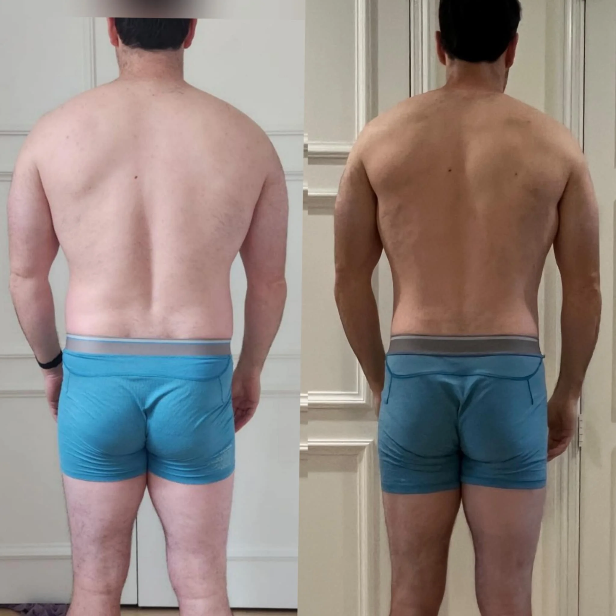 Comparison of before and after photos of a man's back, showing reduced body fat and improved muscle tone after weight loss, with him shirtless wearing blue shorts in front of a door.