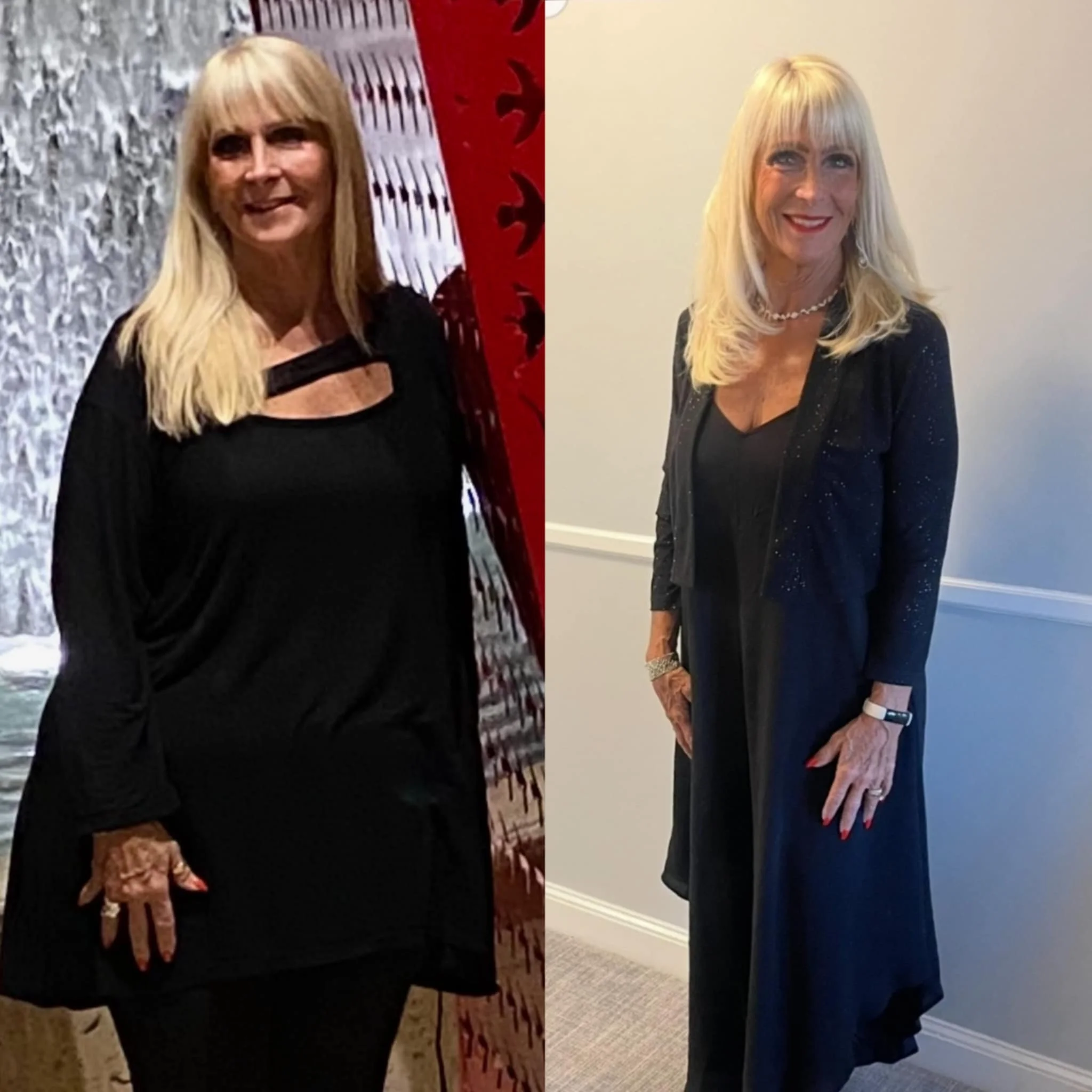 Side-by-side photos of the same woman with long blond hair, dressed in formal attire. The left photo shows her with a textured silver background, wearing a black dress with cutouts and jewelry. The right photo shows her with a plain light-colored wall, wearing a black dress with a blazer, jewelry, and smiling.