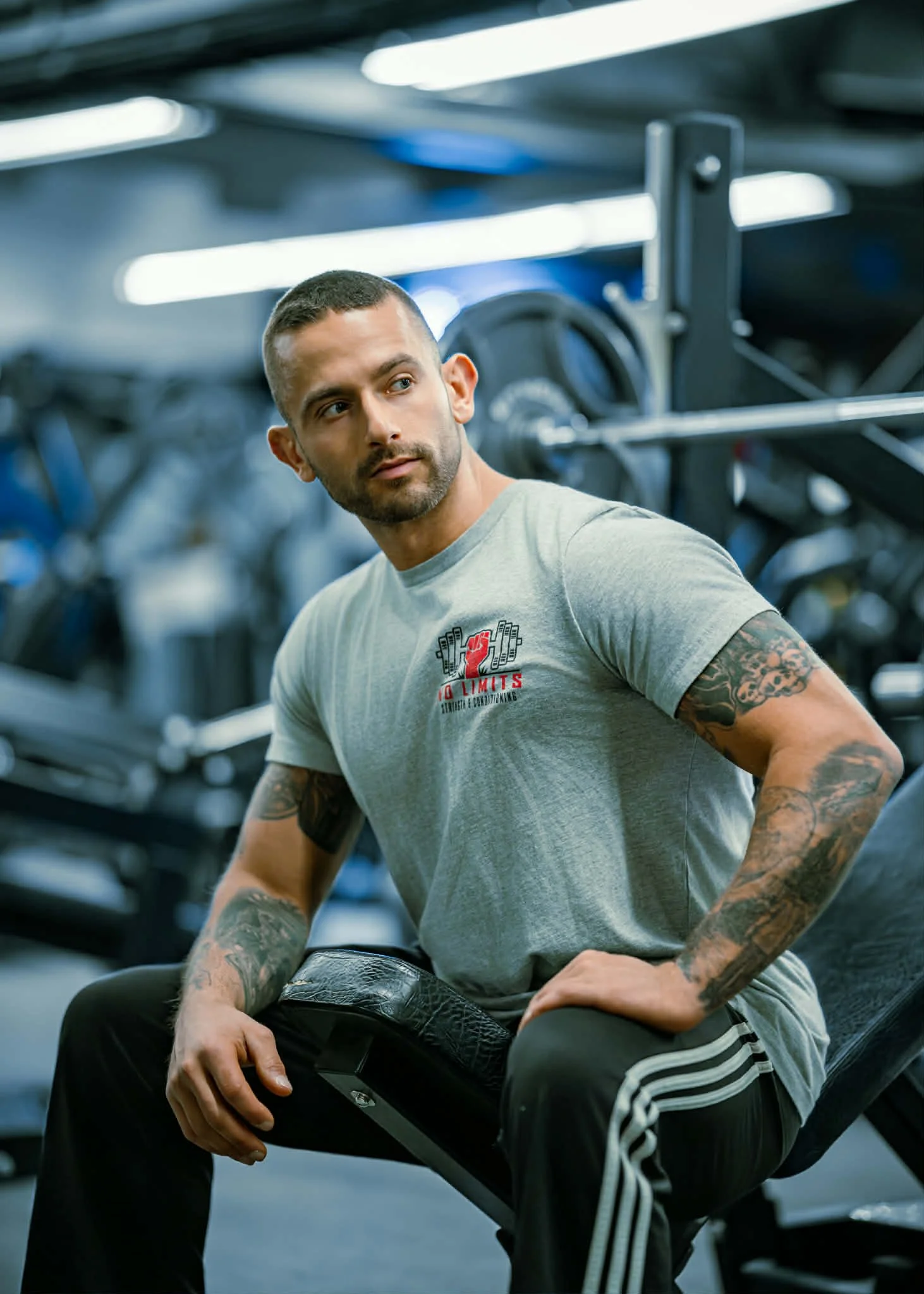 A man sitting on a gym bench in a fitness center, wearing a light gray t-shirt with red and black text and black athletic pants with white stripes, holding a weight plate in one hand, with tattoos on his arms, and a focused expression.