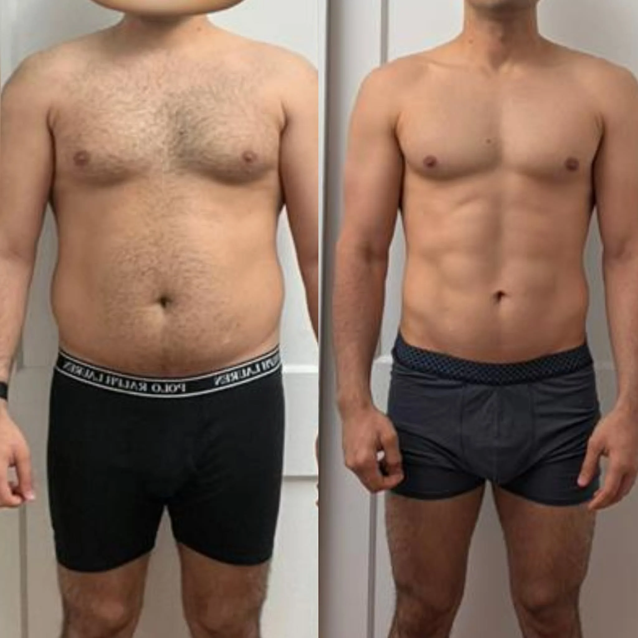 Comparison of man's upper body before and after fitness transformation, showing reduction in body fat and muscle toning.
