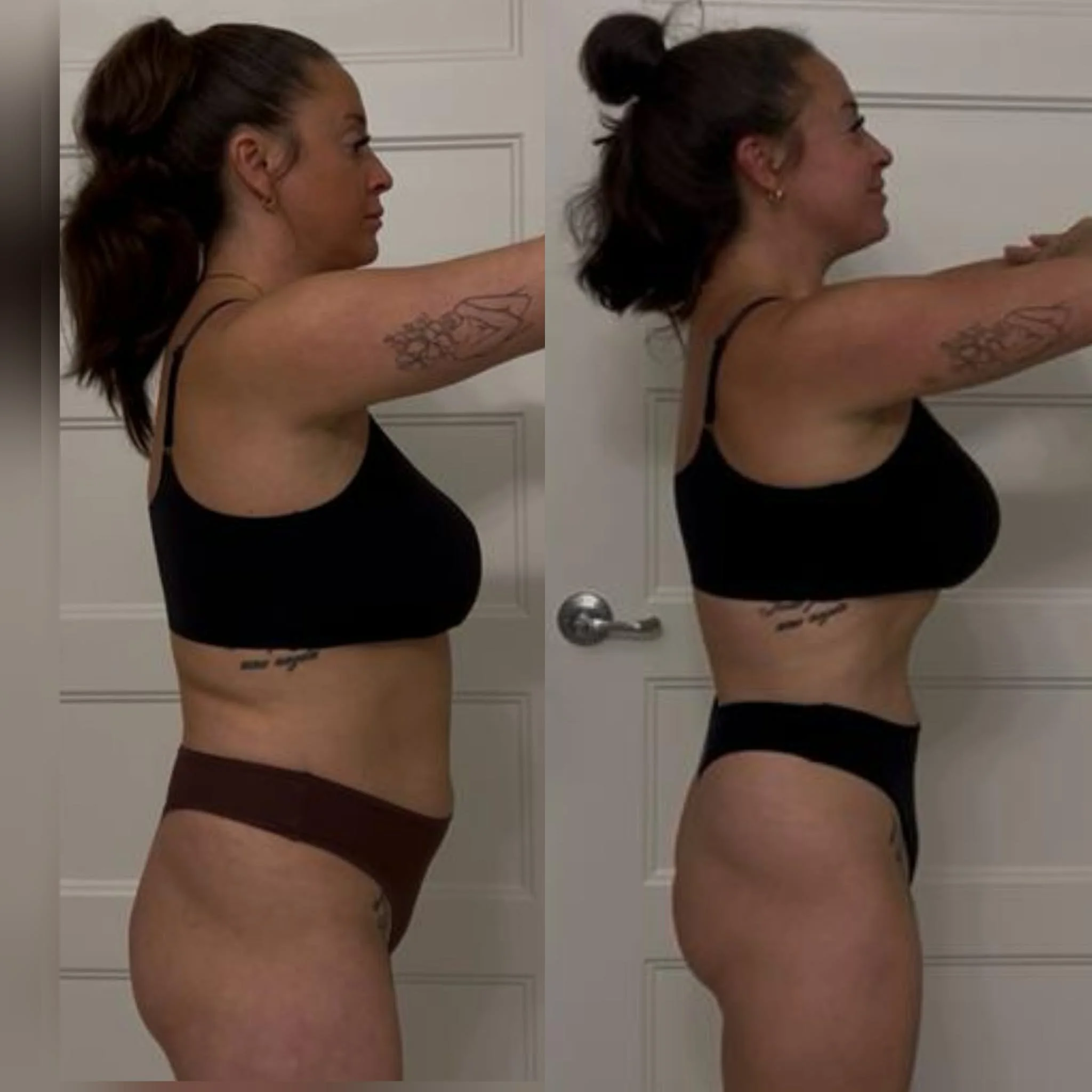 Two side-by-side images of a woman with brown hair in a bun, wearing a black bra, and showing tattoos on her arm and side. One image is slightly more muscular than the other.