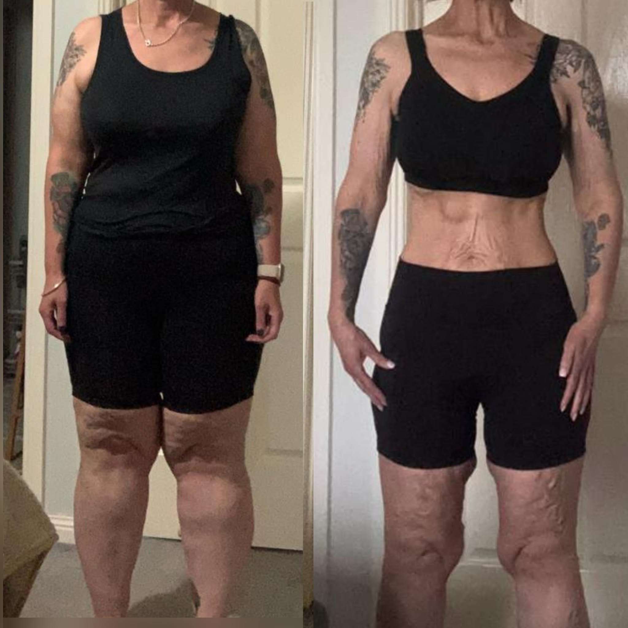 Side-by-side comparison of a woman before and after weight loss, wearing black clothing, showing tattoos on arms and shoulders.