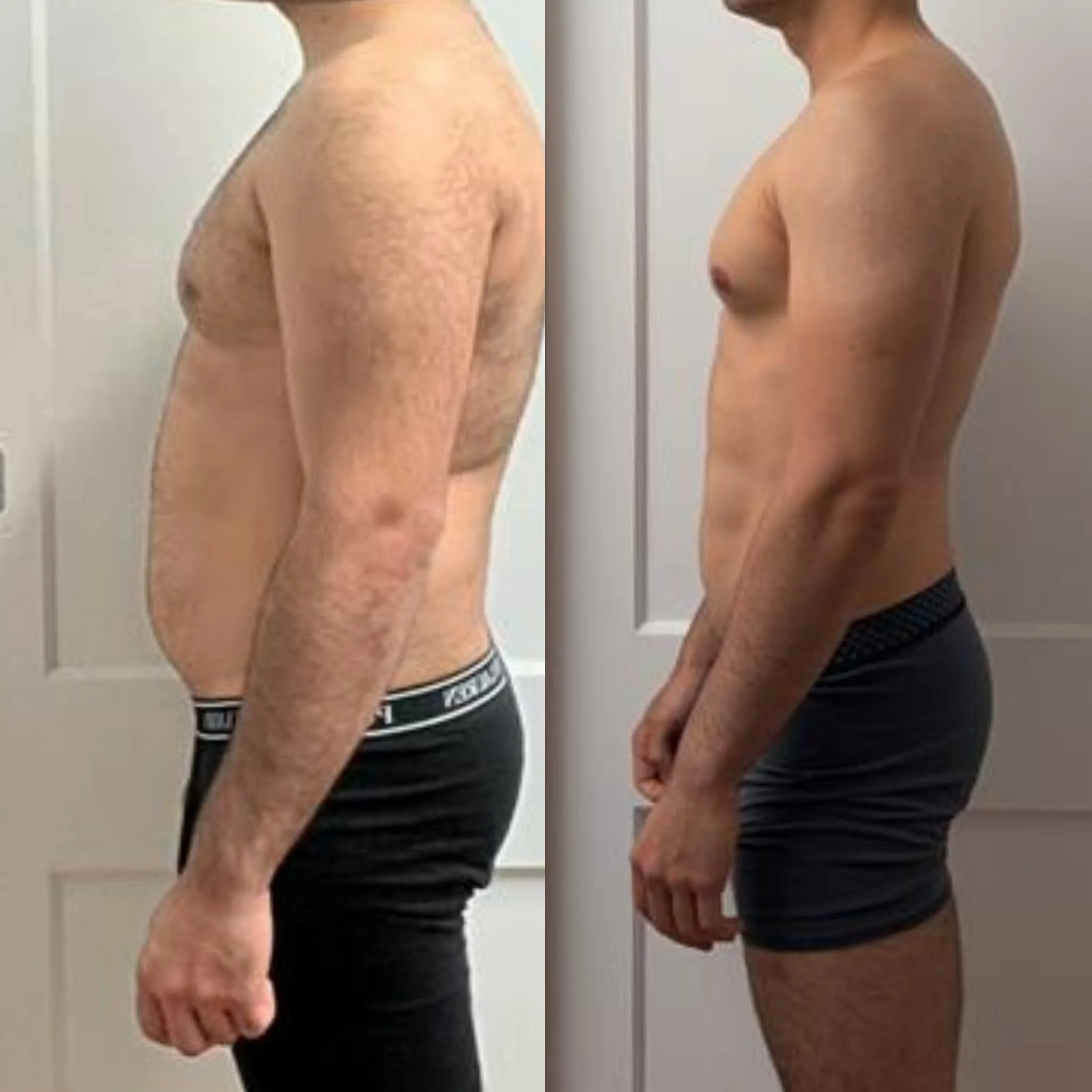 Comparison of a person's back and side view before and after a fitness transformation, showing muscle tone and body composition changes.