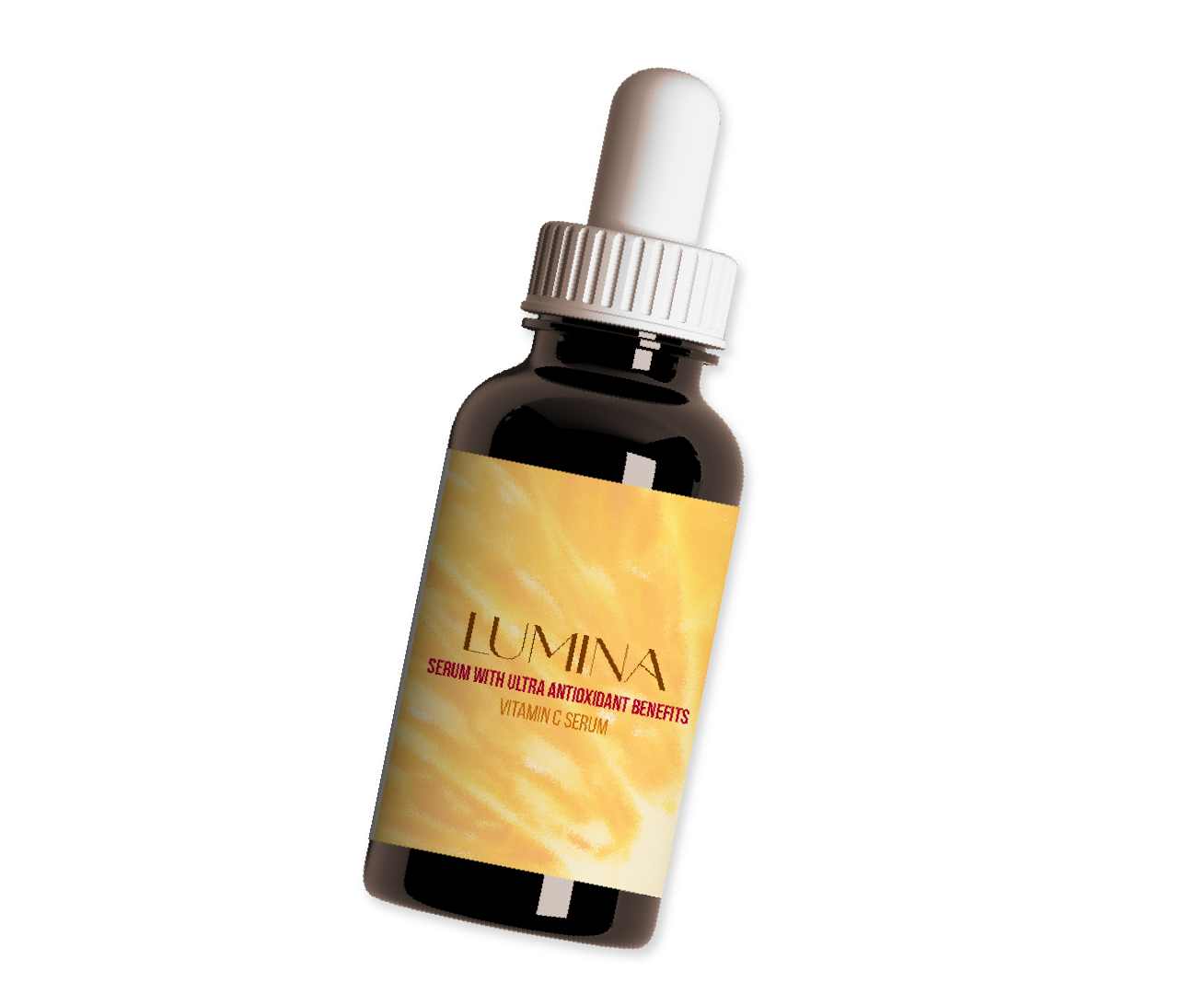 A dark glass bottle labeled LUMINA vitamin C serum with a white dropper cap.