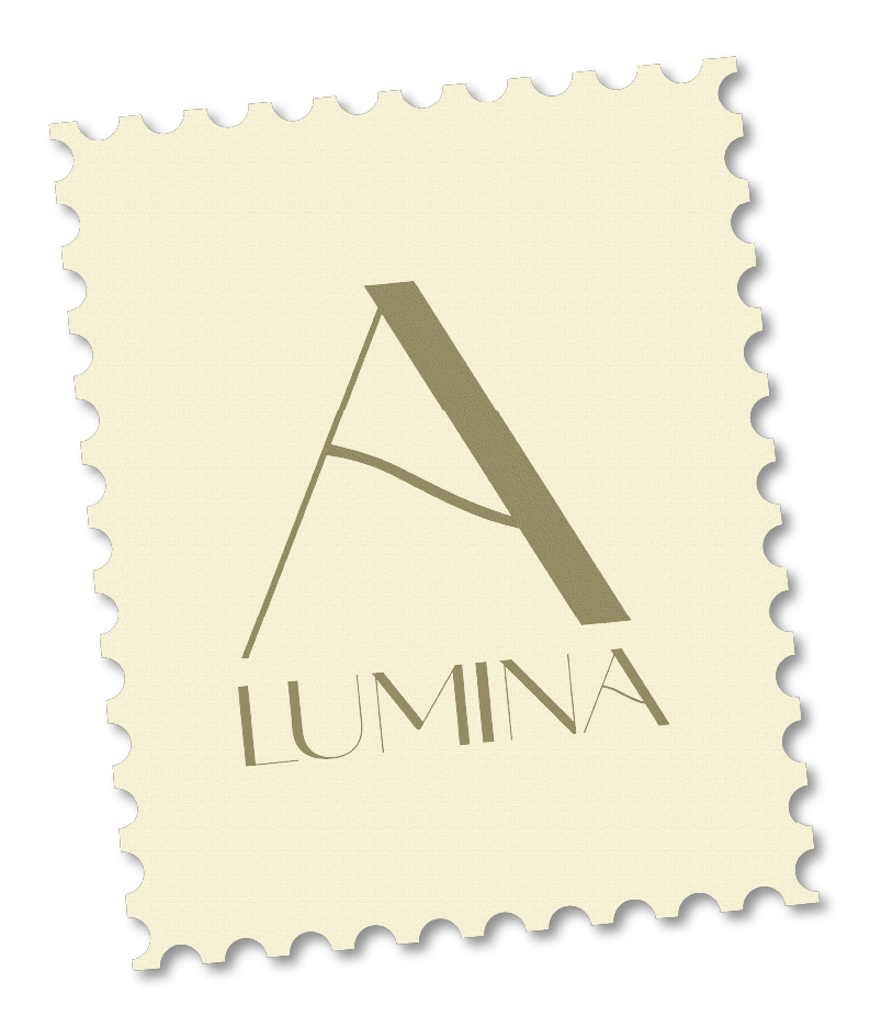 A stylized stamp with the word "LUMINA" and a large letter "A" above it, all in beige tones against a black background.