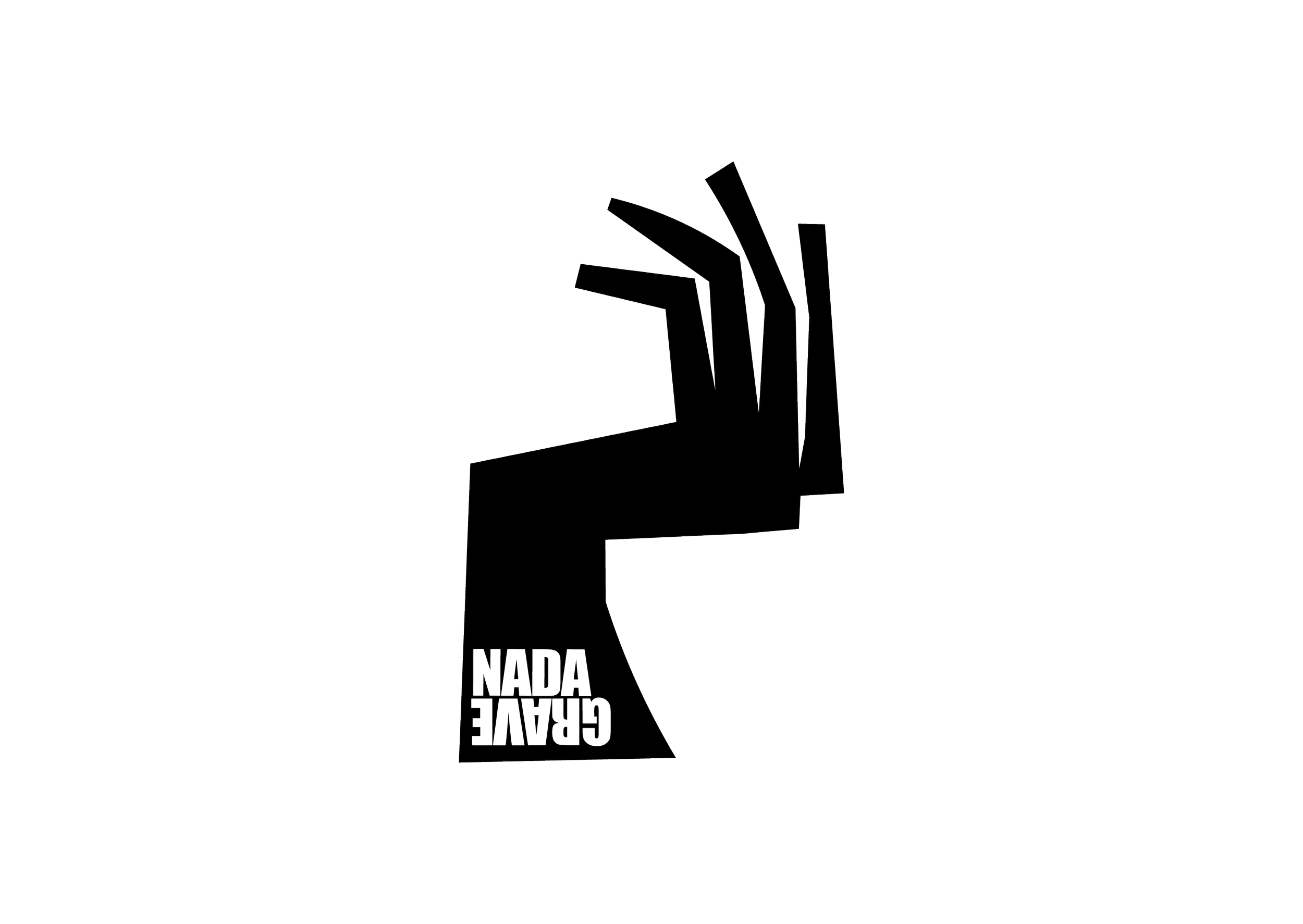 Outline drawing of a hand holding a sign with the text 'GRAVE' and 'NADA' on it, with a post and a series of angled lines extending upward from the hand.