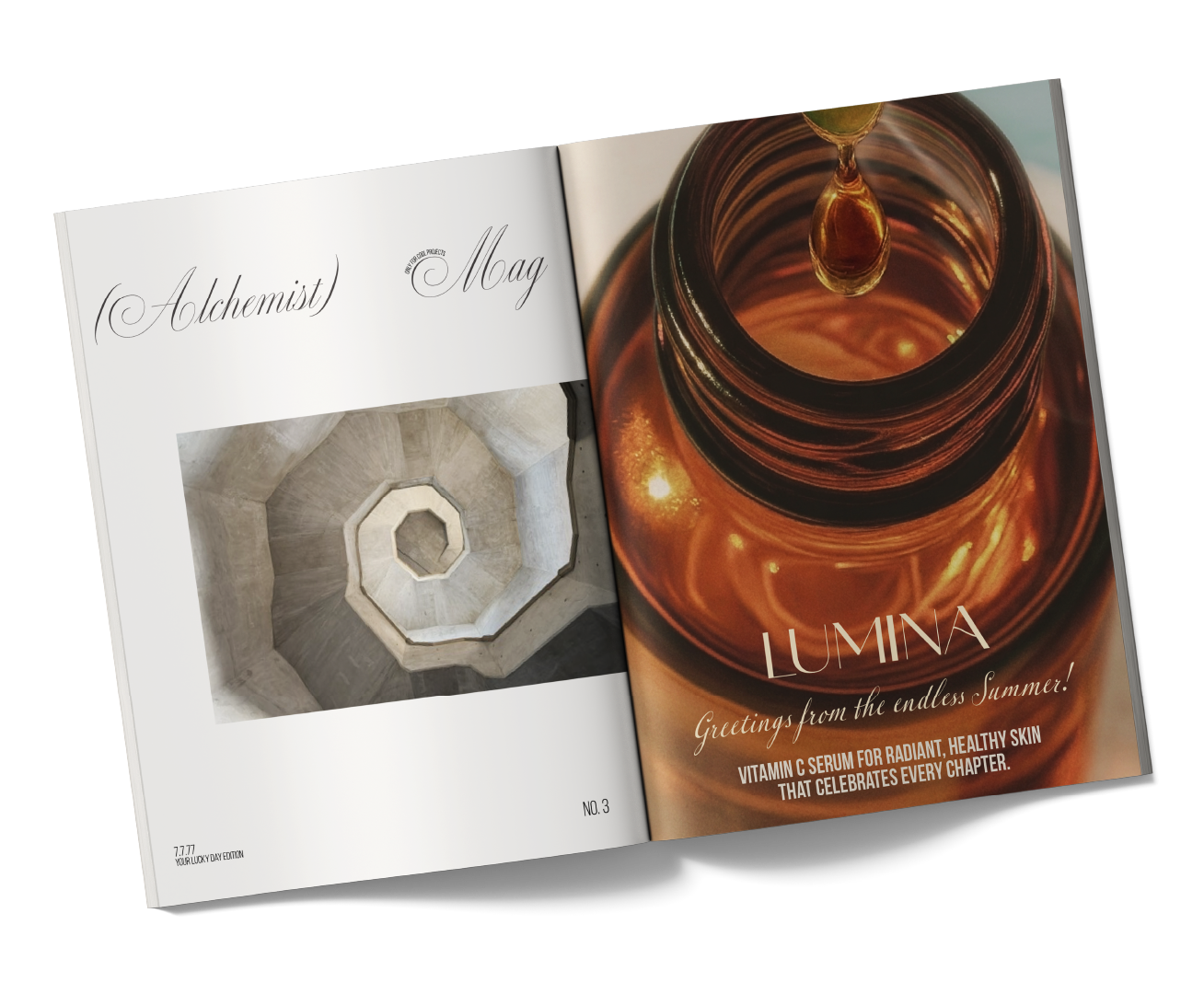 Open magazine showing a section about alchemist mug with a photo of a spiral staircase on the left page and a close-up of a brown glass jar with a dropper on the right page. The right page features the text 'LUMINA' and greeting message about summer and skincare.