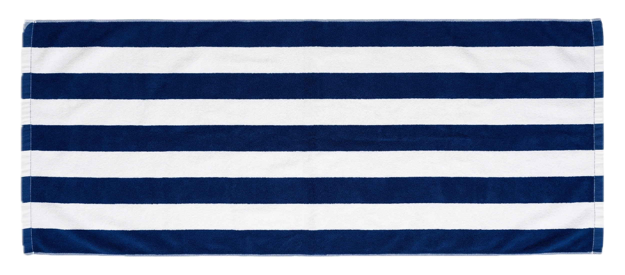 A rectangular towel with horizontal navy blue and white stripes.