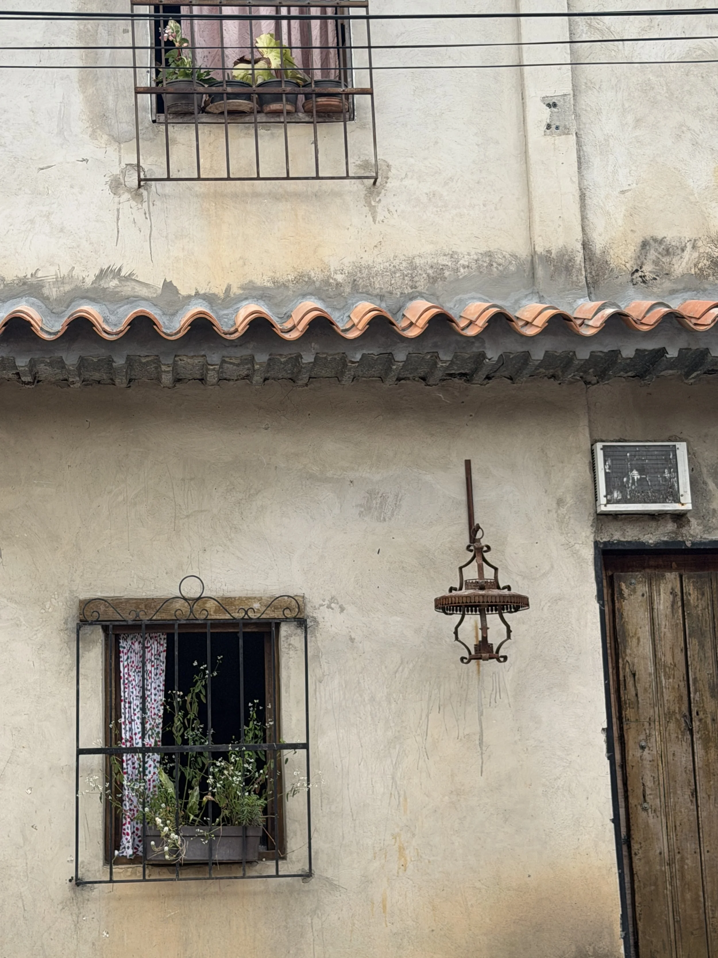 A weathered exterior wall with two windows and a door, featuring metal bars and a hanging lantern. The upper window has flower pots and a curtain on the inside, and the lower window has a curtain with a floral pattern and plants.