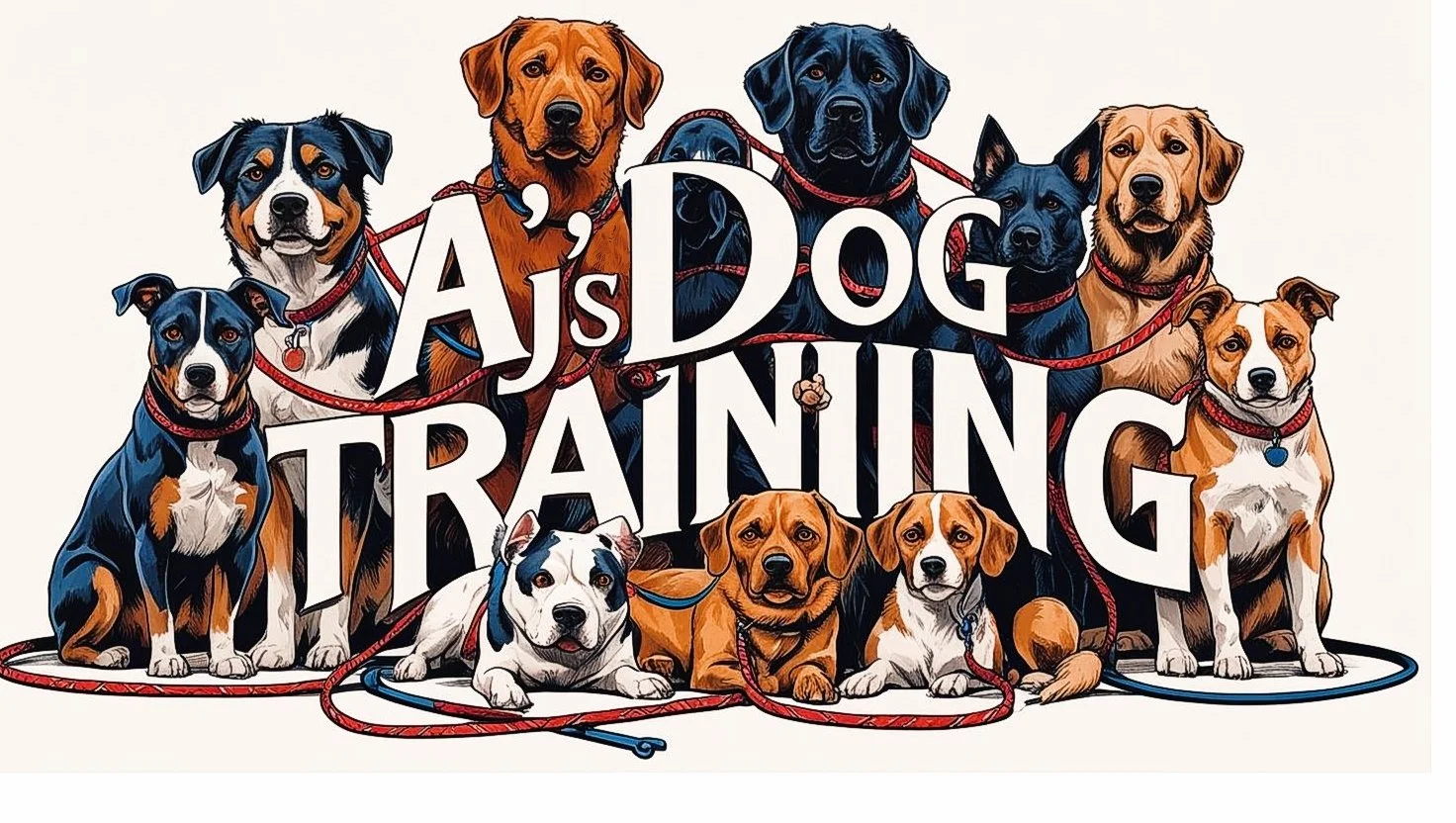 Illustration of multiple dogs with leashes and a text overlay reading 'AJs Dog Training'.