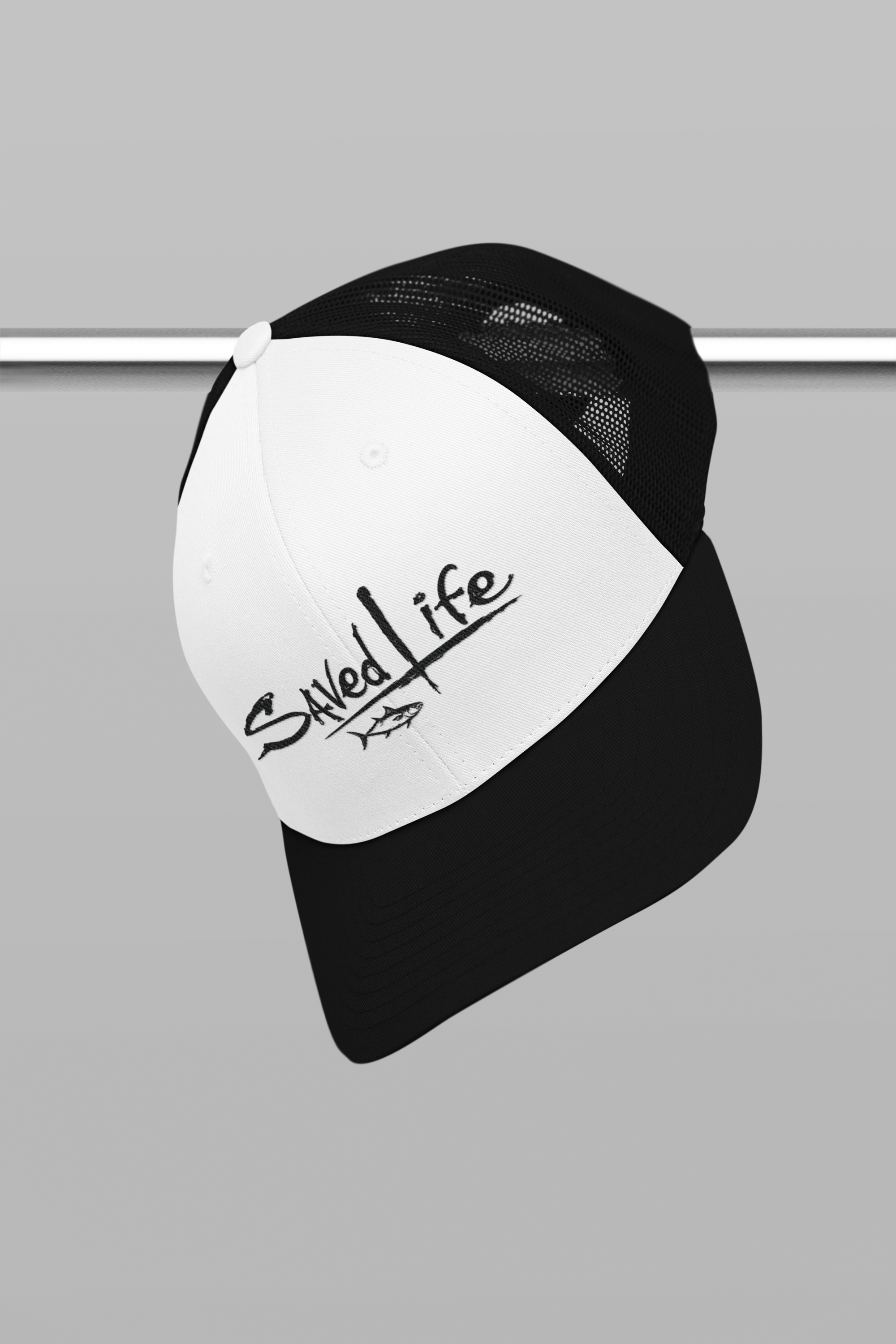 mockup-of-a-trucker-hat-hanging-from-a-steel-bar-m33411.png