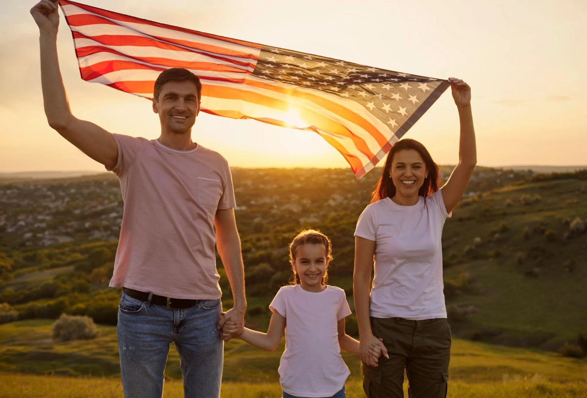 A man, woman, and two children holding hands and smiling outdoors during sunset, with the woman holding an American flag.