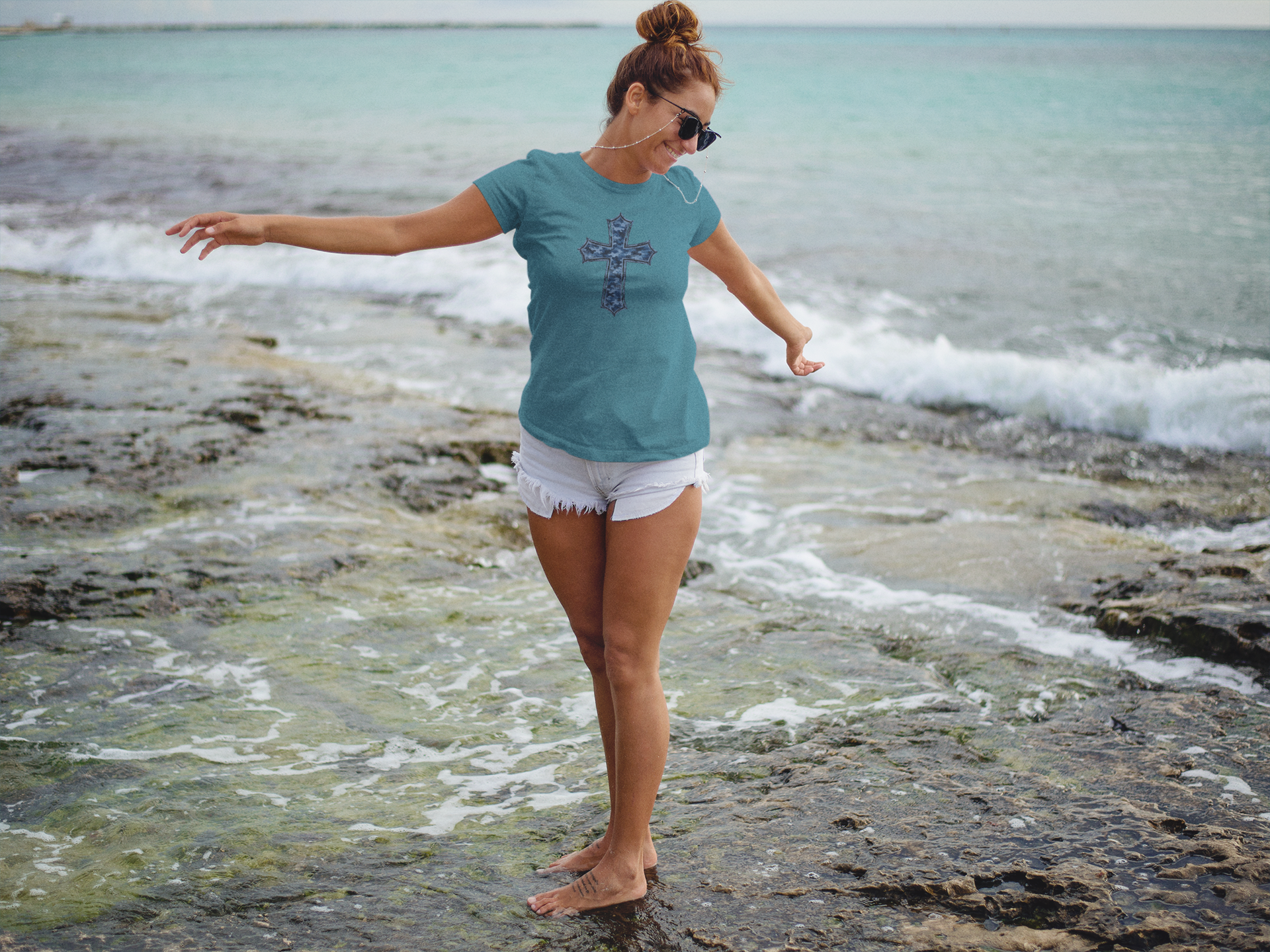 trendy-girl-at-the-beach-wearing-a-round-neck-tee-mockup-and-shorts-a12727.png