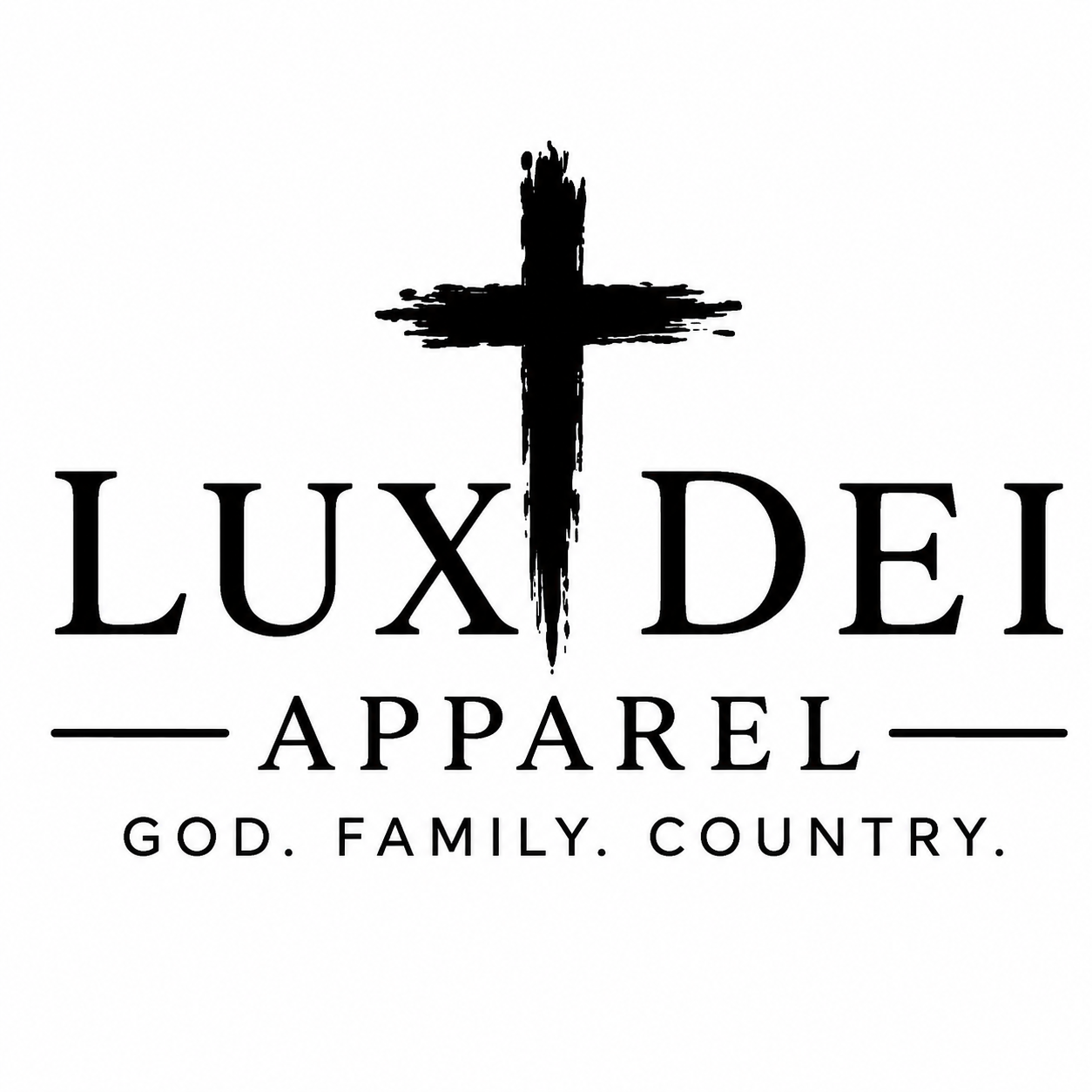 Logo for Lux Dei Apparel with a black cross above the brand name, and the words 'God. Family. Country.' underneath.