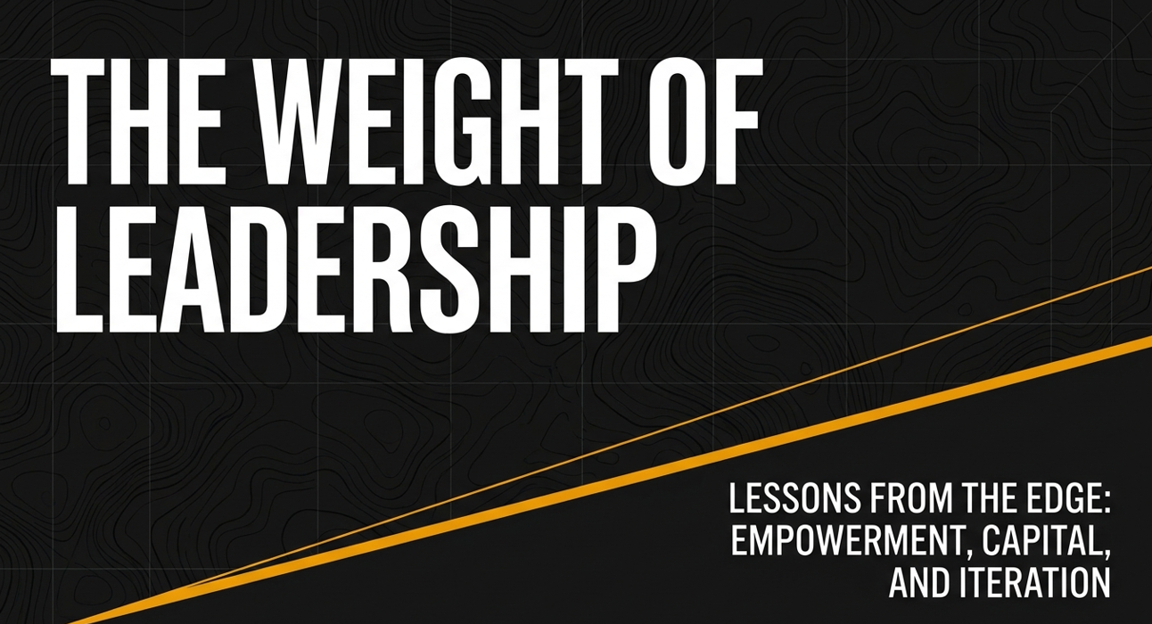 Book cover titled 'The Weight of Leadership' with the subtitle 'Lessons from the Edge: Empowerment, Capital, and Iteration', featuring a black background with a subtle topographical map pattern and a yellow diagonal line.