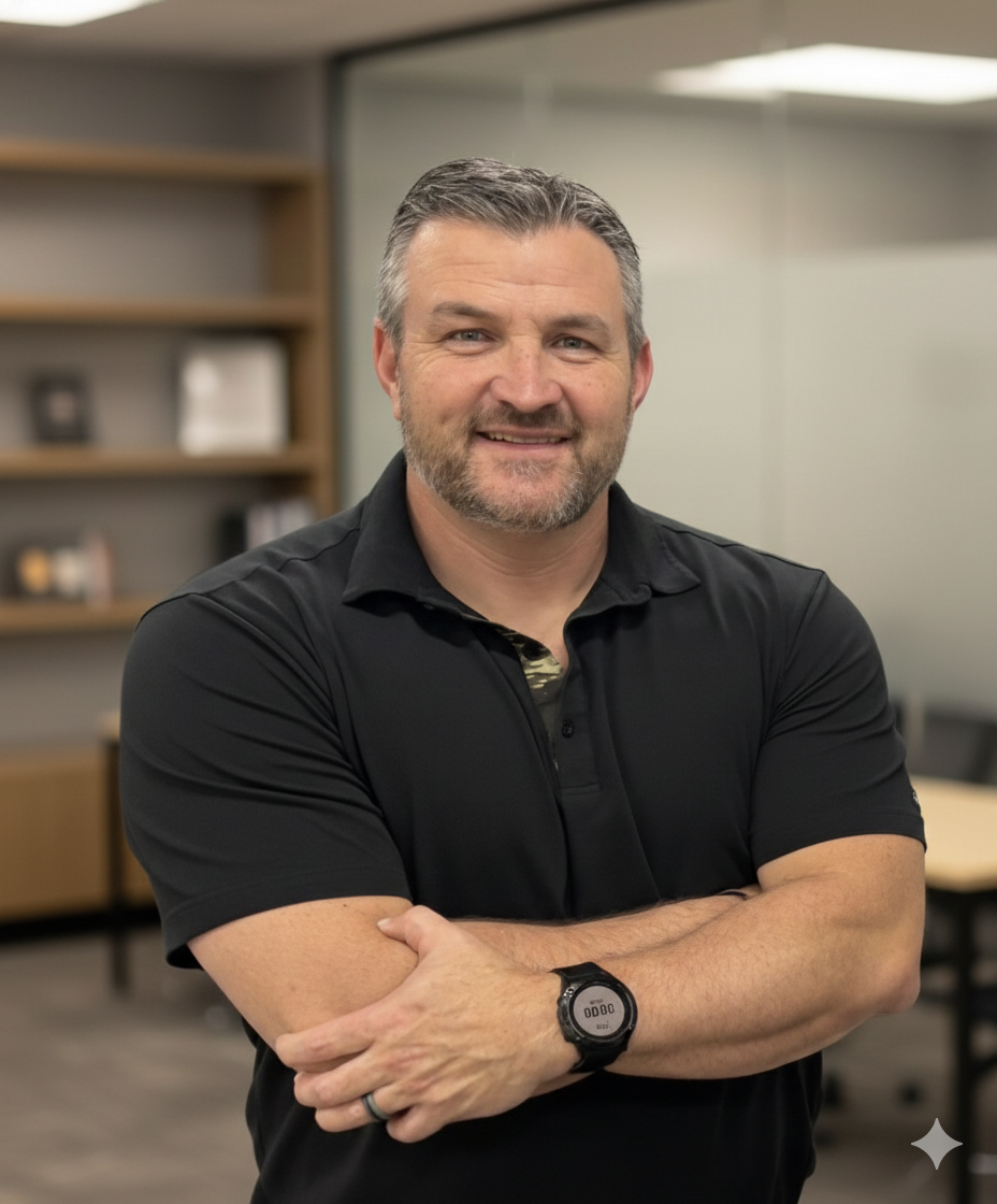 A middle-aged man with gray hair and a beard standing indoors in an office or conference room, smiling with arms crossed, wearing a black polo shirt and a smartwatch.