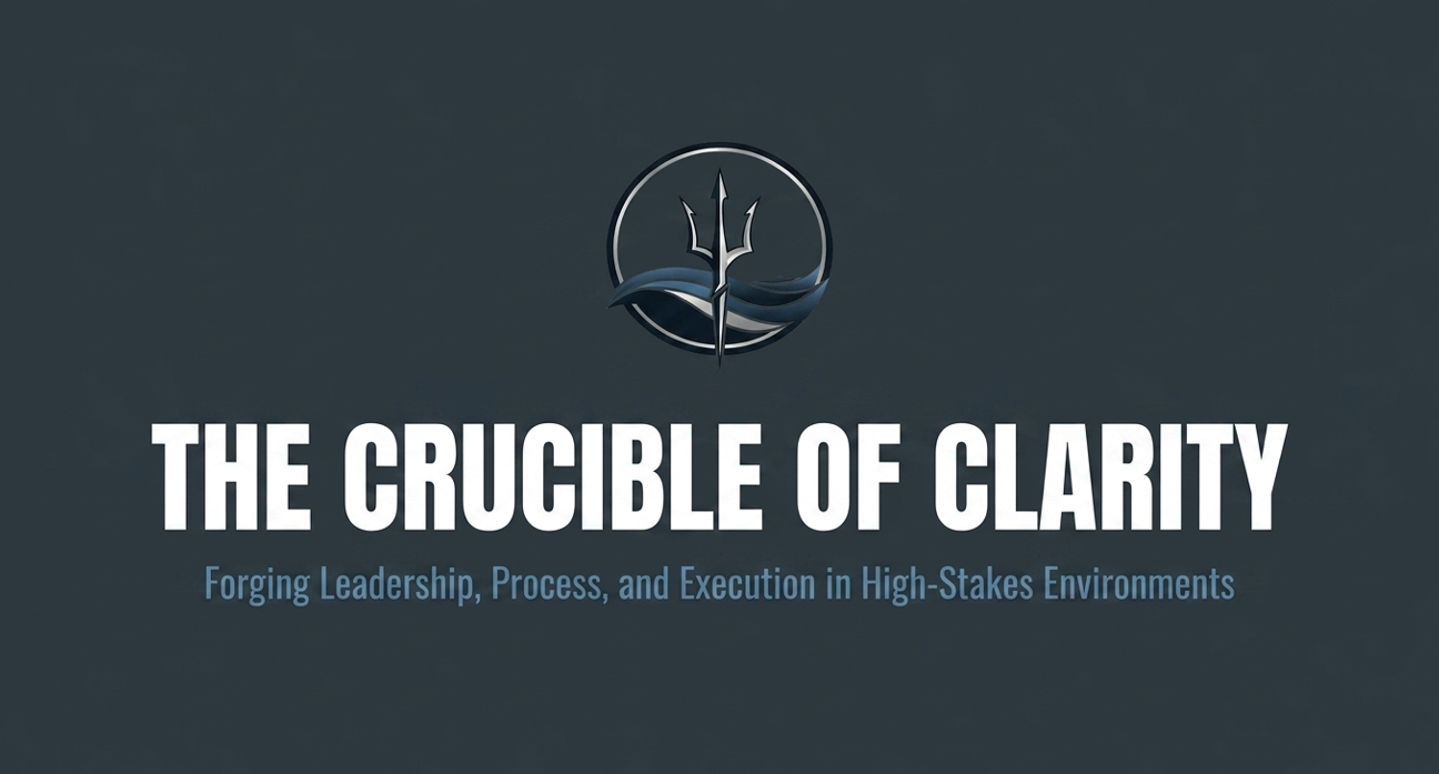 Book cover titled "The Crucible of Clarity" with a subtitle "Forging Leadership, Process, and Execution in High-Stakes Environments" and an emblem of a trident enclosed in a circle.