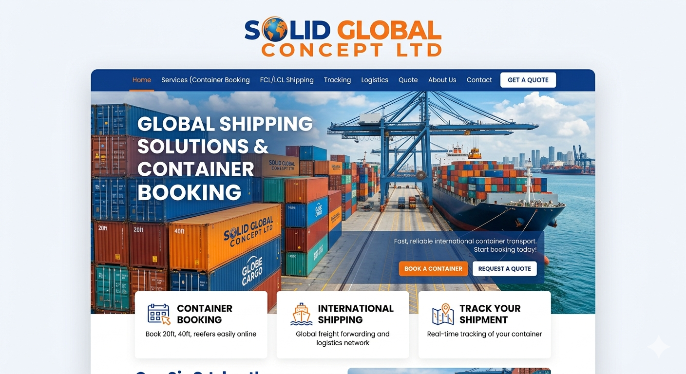 Homepage of Solid Global Concept Ltd's website featuring a large cargo ship docked at a port with stacked shipping containers, a crane, and a city skyline in the background, along with navigation menu and service options.