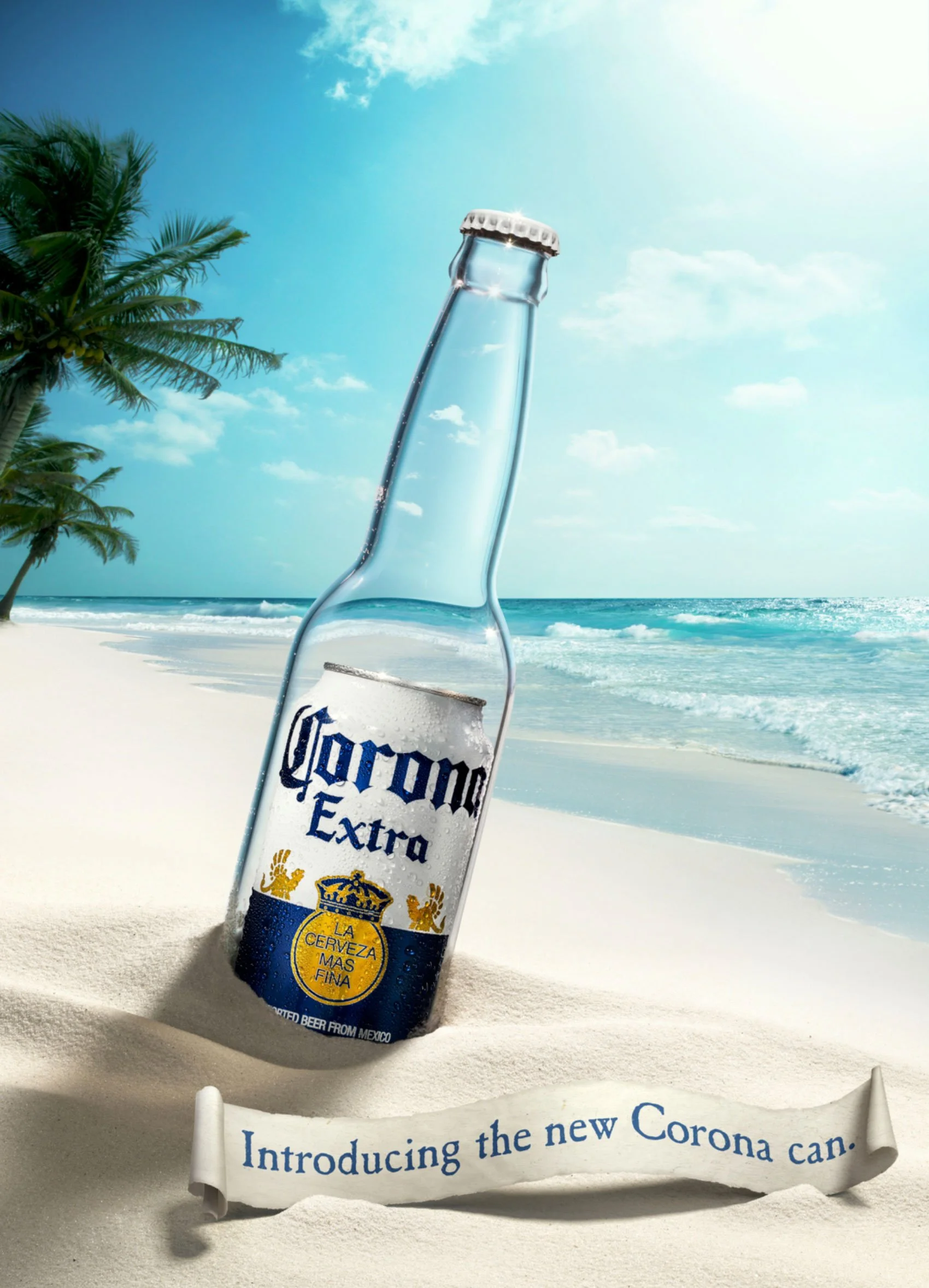 Playful campaign image for Corona, using a beach setting and a bottle-shaped outer shell to reveal the new can inside.
