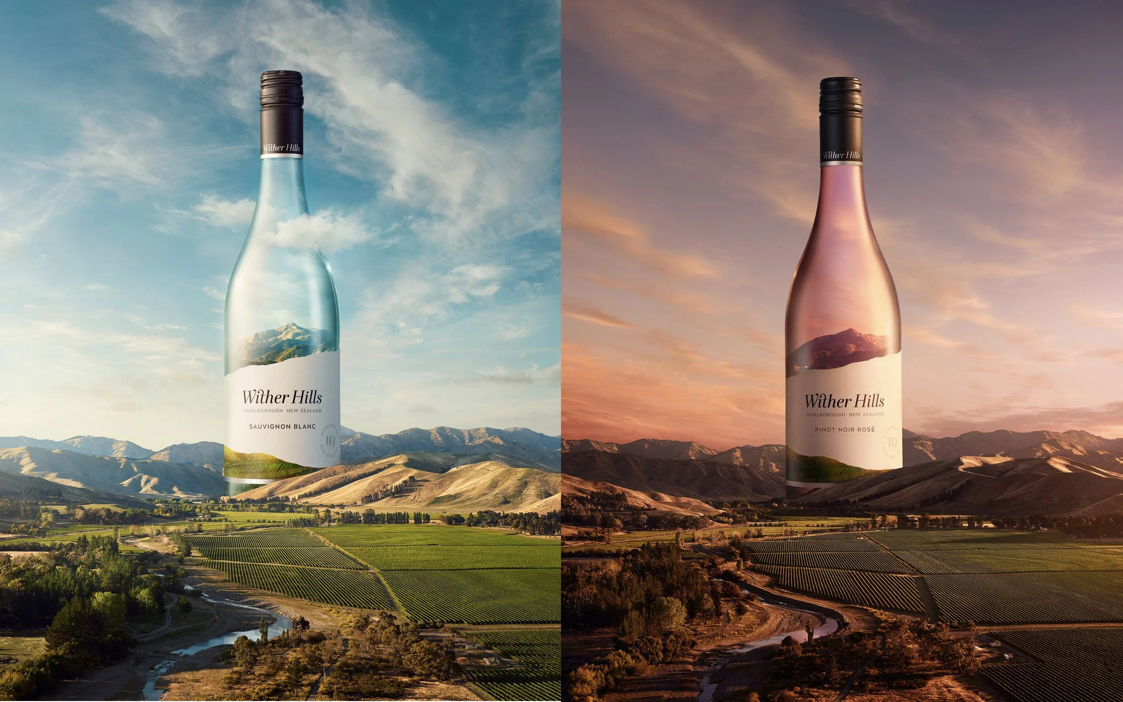 Conceptual advertising image for Wither Hills, placing giant wine bottles within the vineyard landscape to connect product and place.