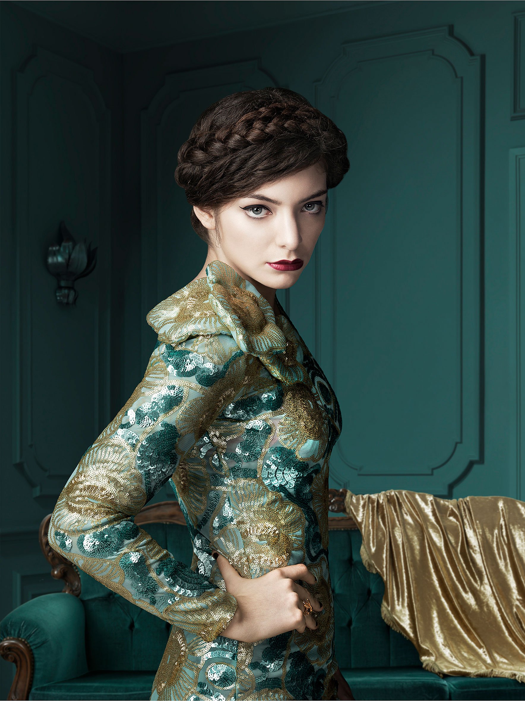 Stylised fashion portrait using rich colour, elegant styling and controlled lighting to create a polished editorial image. Lorde for Billboard magazine