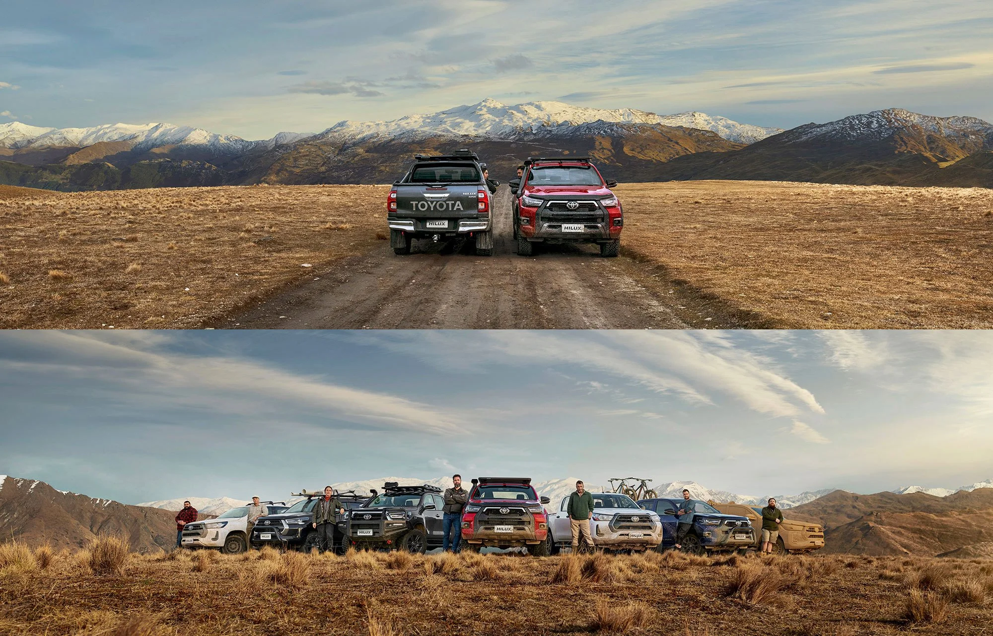 Wide-format automotive portrait showing Toyota Hilux owners with their vehicles against a dramatic mountain backdrop. Cinematic New Zealand automotive photography showing two Toyota Hilux vehicles on a remote mountain road surrounded by alpine scener
