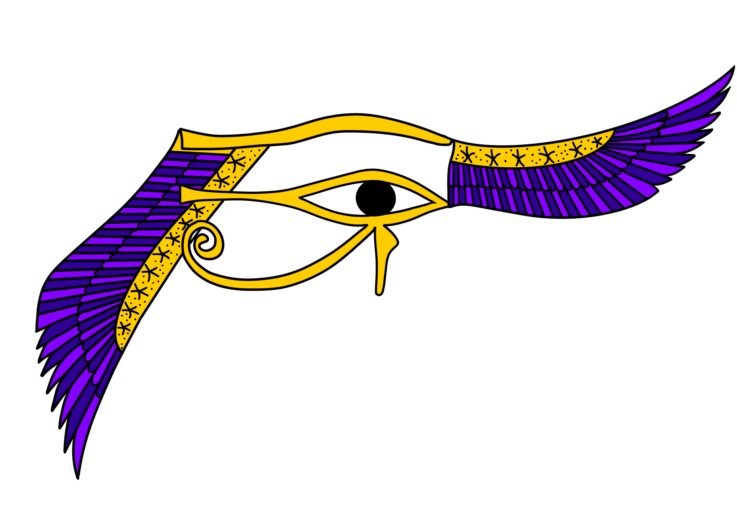 An artistic depiction of an Egyptian-style winged scarab beetle with gold, purple, and black colors on a black background.