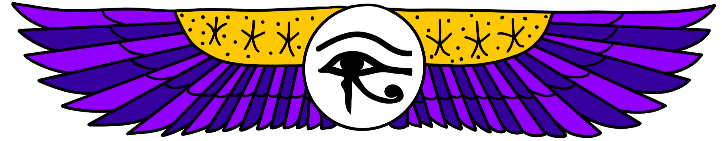 Digital illustration of a black circle with purple and yellow angel wings attached, featuring star and dot patterns on the yellow sections.
