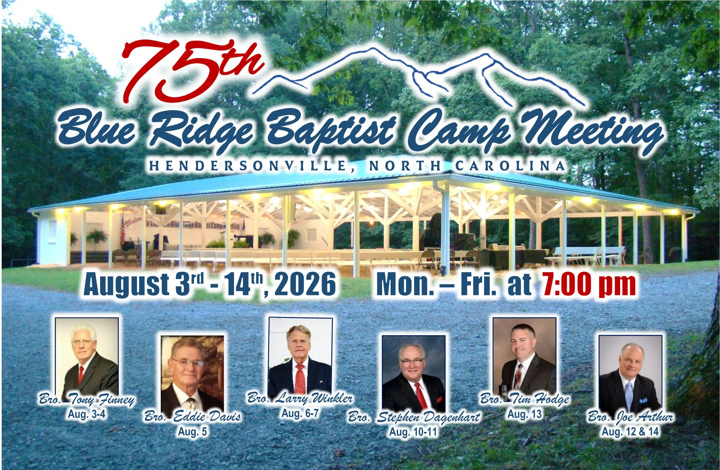 Digital flyer for the 75th Blue Ridge Baptist Camp Meeting in Hendersonville, North Carolina, featuring event dates and speakers in August 2026.