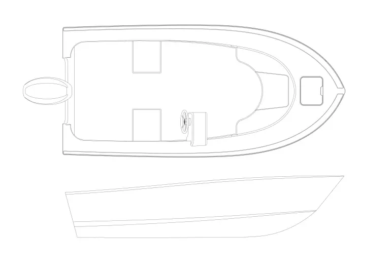 Line drawing of a boat showing top and side views.