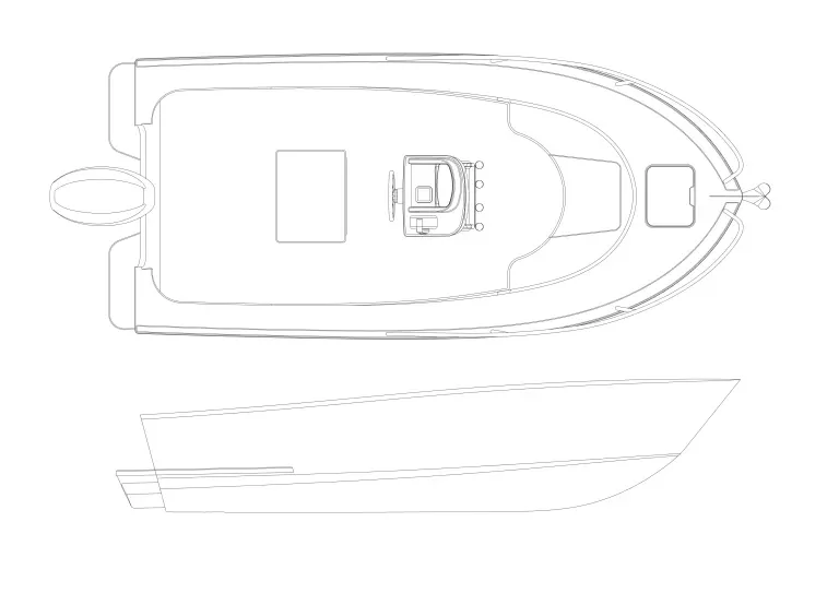 A line drawing of a boat seen from above, showing the deck, cabin, and outline of the hull.