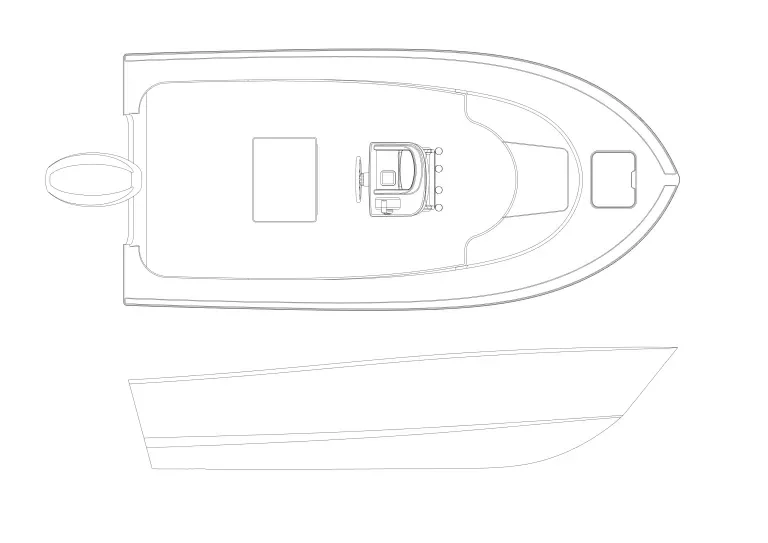 Line drawing of a boat's top and side views, showing the hull, deck, and central control area.