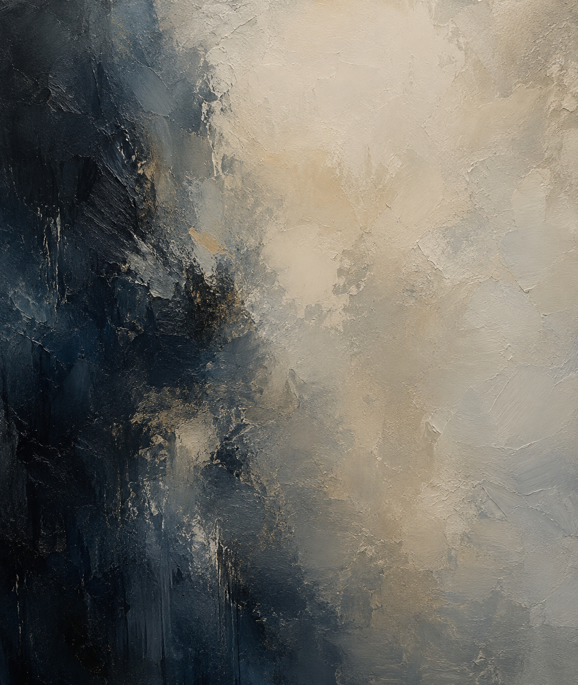 Abstract textured painting with dark blue, gray, and beige tones.
