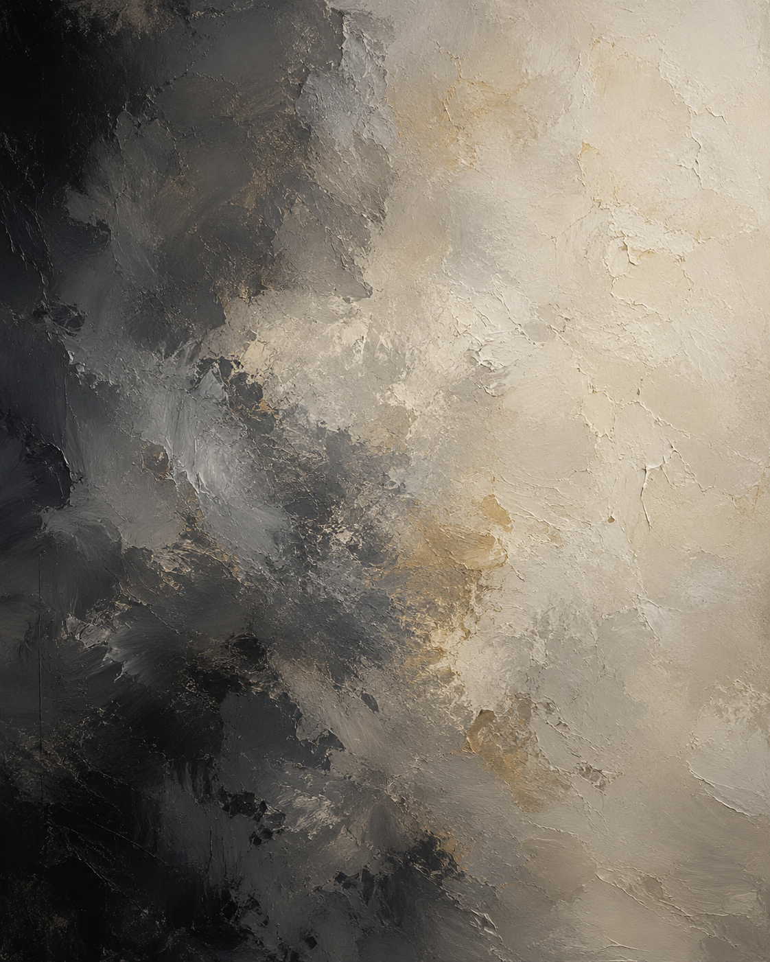 Abstract textured painting with dark black and gray tones blending into light beige and cream colors.