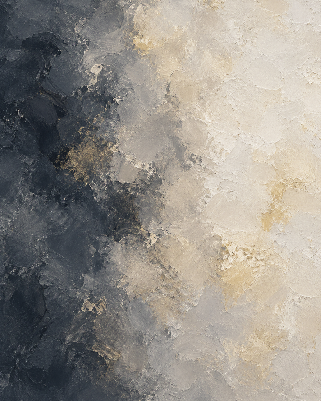 Abstract textured painting with dark gray, black, beige, and off-white colors blended in a rough, layered style.