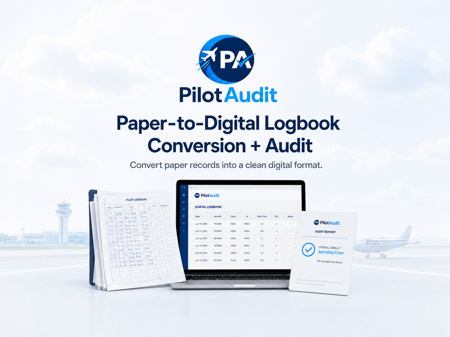 Promo image for PilotAudit showing paper logs, a digital logbook on a laptop, and an audit report with a satisfactory result at an airport runway with airplanes in the background