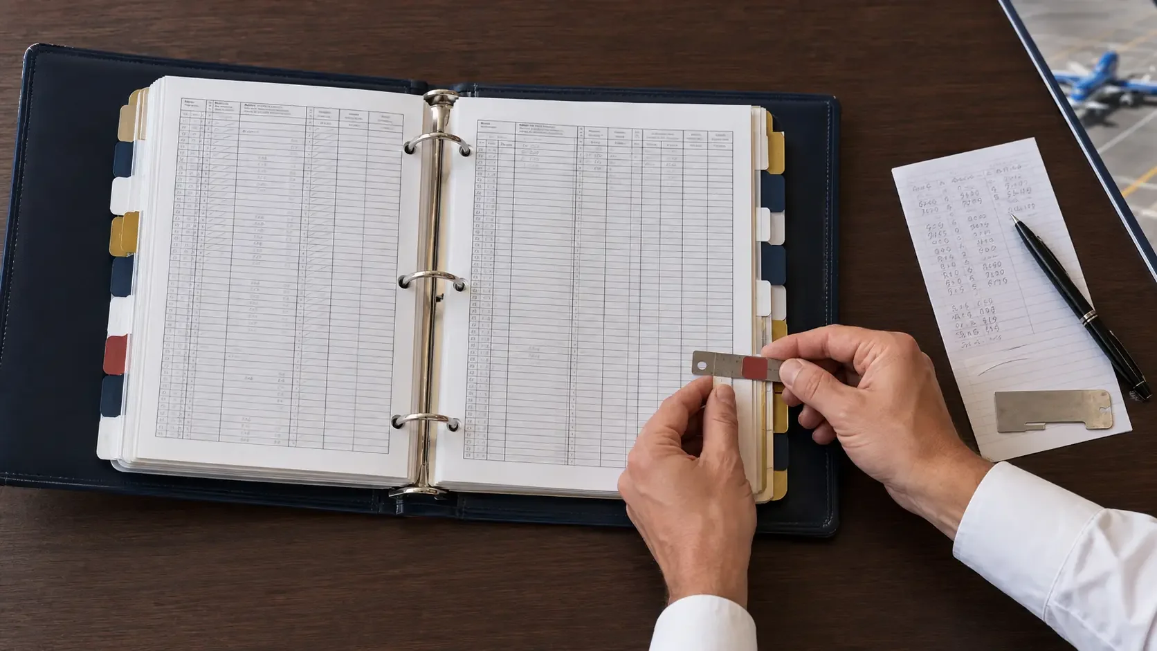 Pilot adding tabs to a printed logbook for Southwest interview milestones, checkrides, type ratings, and endorsements.