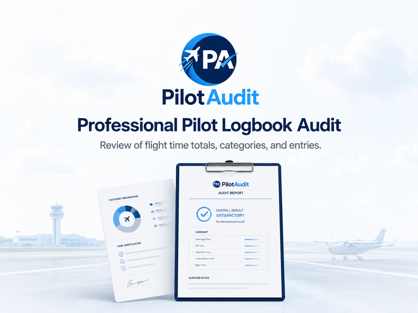 Promotional image for Pilot Audit, a professional pilot logbook audit service, showing a flight operation report on a clipboard and a category breakdown page with an airplane icon at an airport runway.