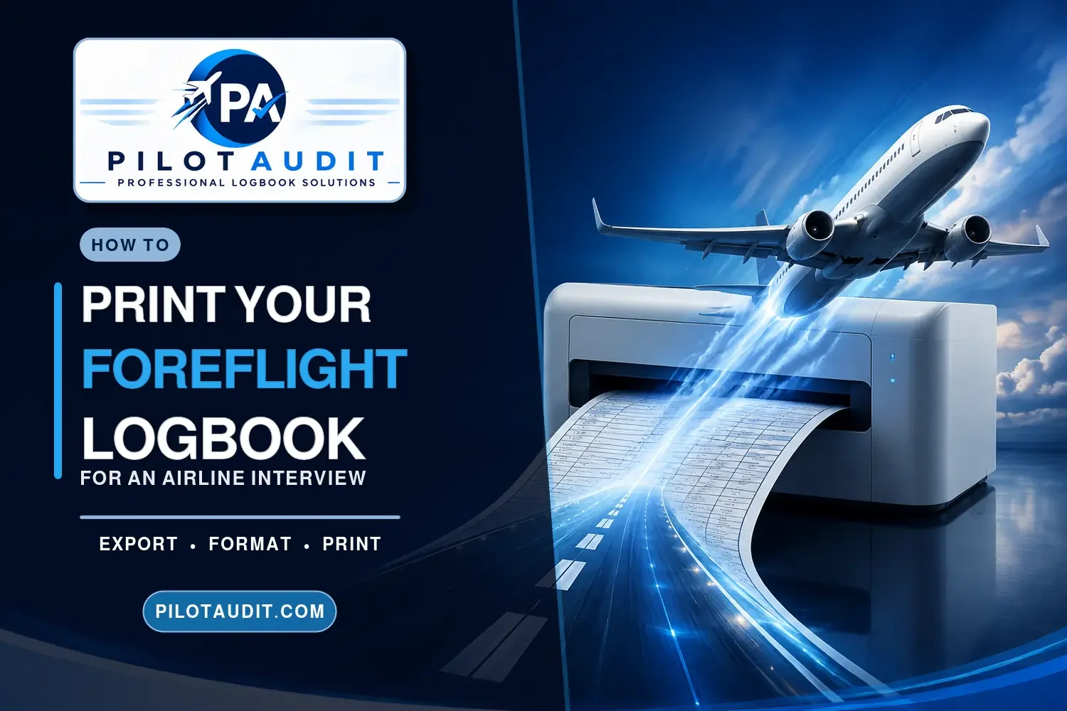 PilotAudit graphic showing a printed ForeFlight logbook becoming a runway beneath a departing airliner for airline interview preparation.