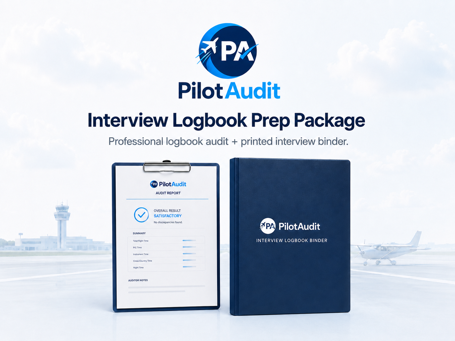 Promotion for PilotAudit Interview Logbook Prep Package with a clipboard displaying an audit report and a printed interview logbook binder against a background of an airport runway with planes and control tower.