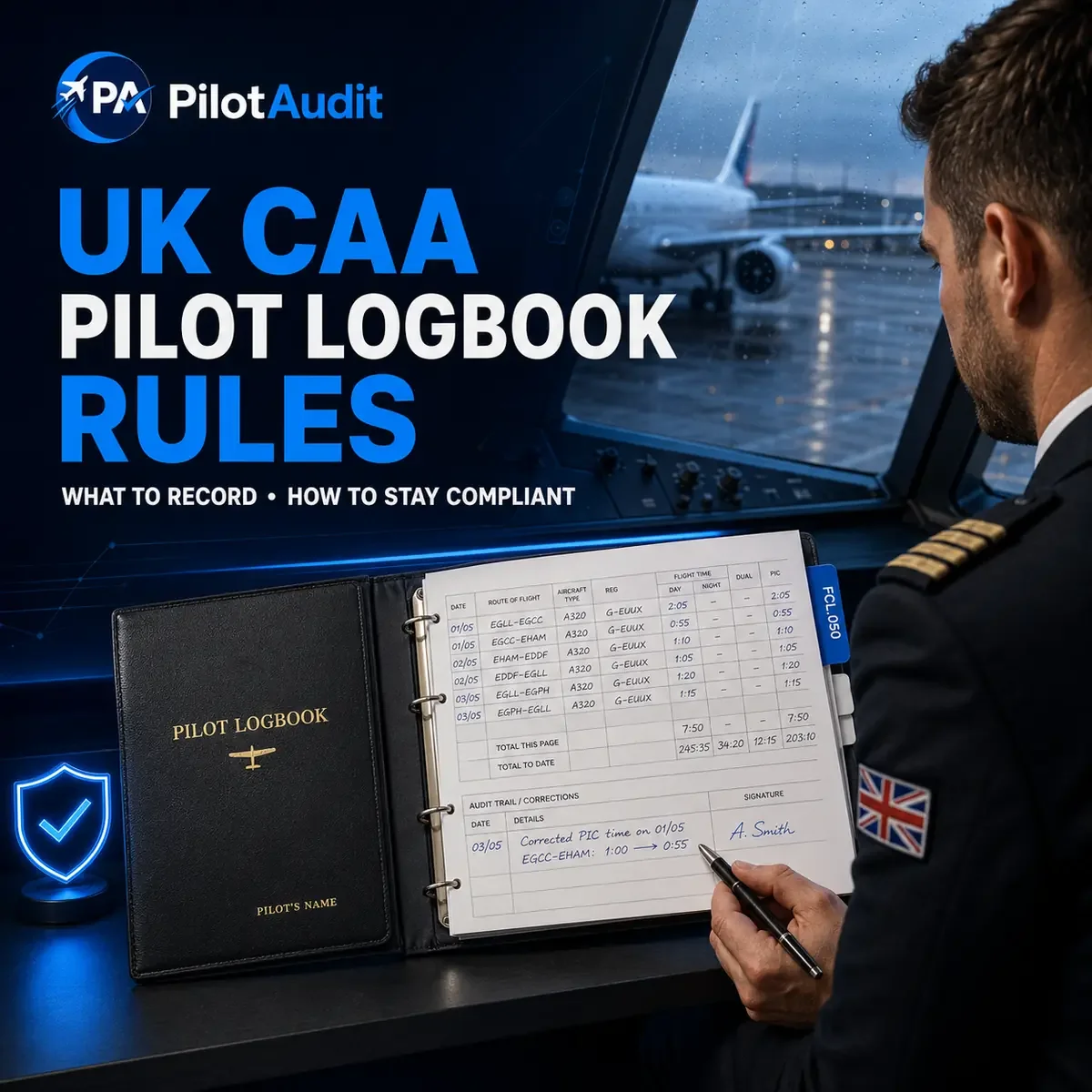 UK pilot reviewing a CAA-compliant paper and electronic pilot logbook.