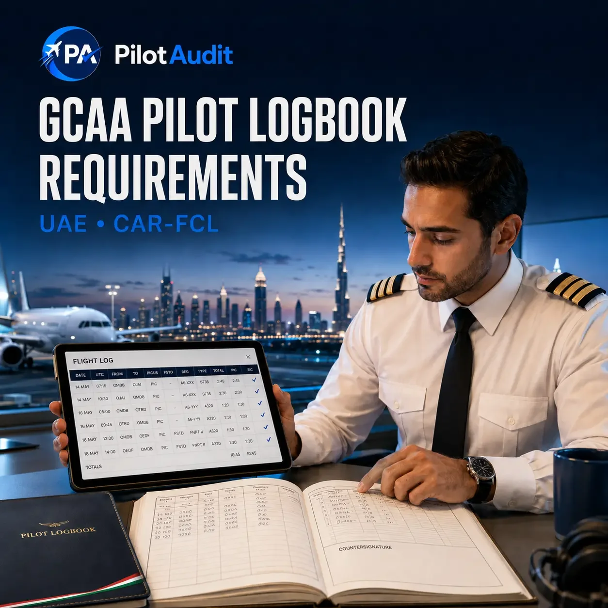 UAE pilot reviewing a GCAA-compliant electronic logbook with flight times, PICUS entries and operator records
