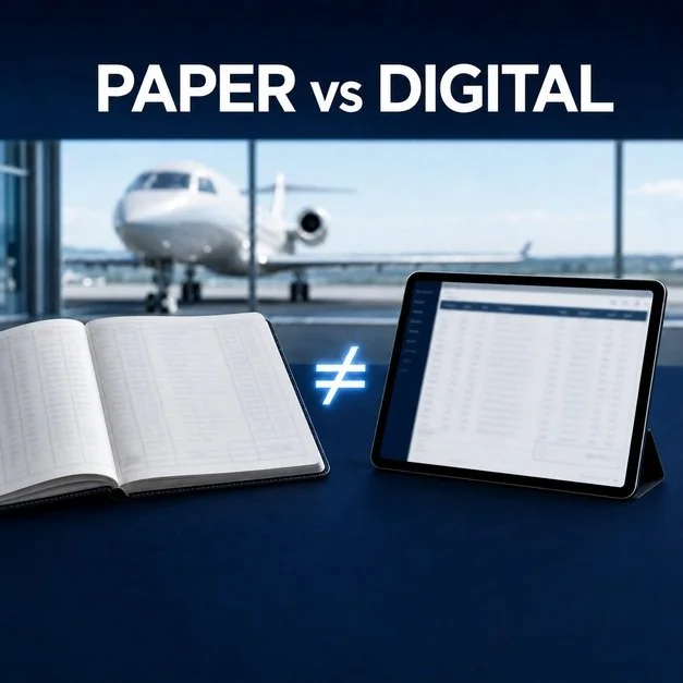 Paper pilot logbook beside a digital logbook showing mismatched totals, with a business jet in the background.