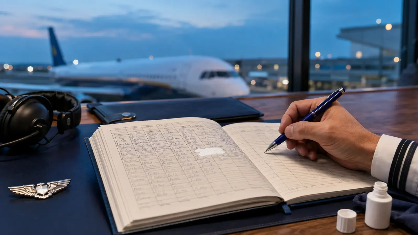 Pilot reviewing white-out in a paper pilot logbook