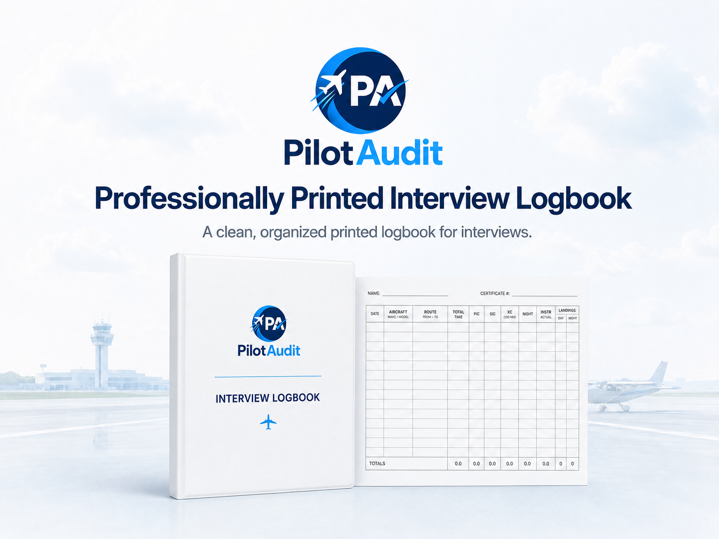 A promotional image for Pilot Audit, a professionally printed interview logbook with a clean, organized design, featuring a white cover with blue text and a small airplane icon, set against an airport background with airplanes and control tower.