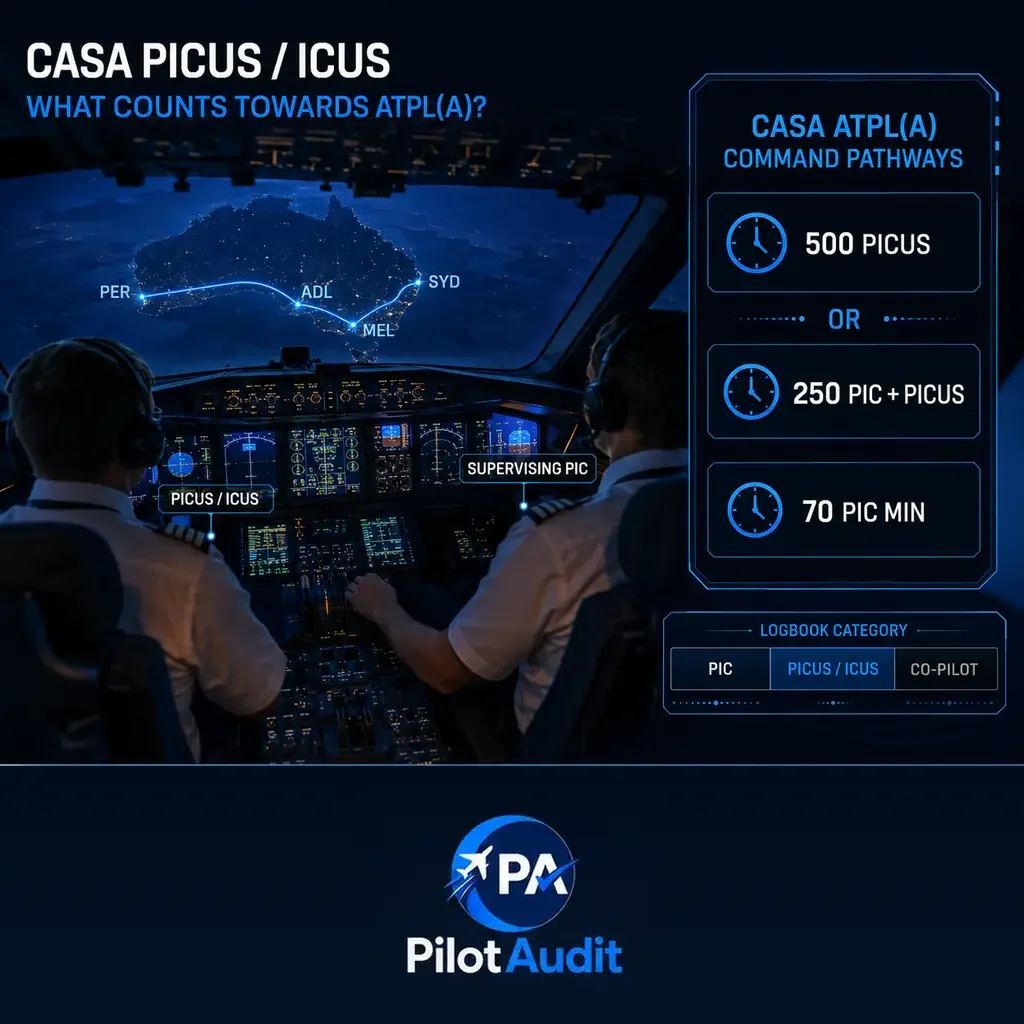 Australian airline pilot checking ICUS and PICUS entries against CASA ATPL(A) totals in a professional flight logbook