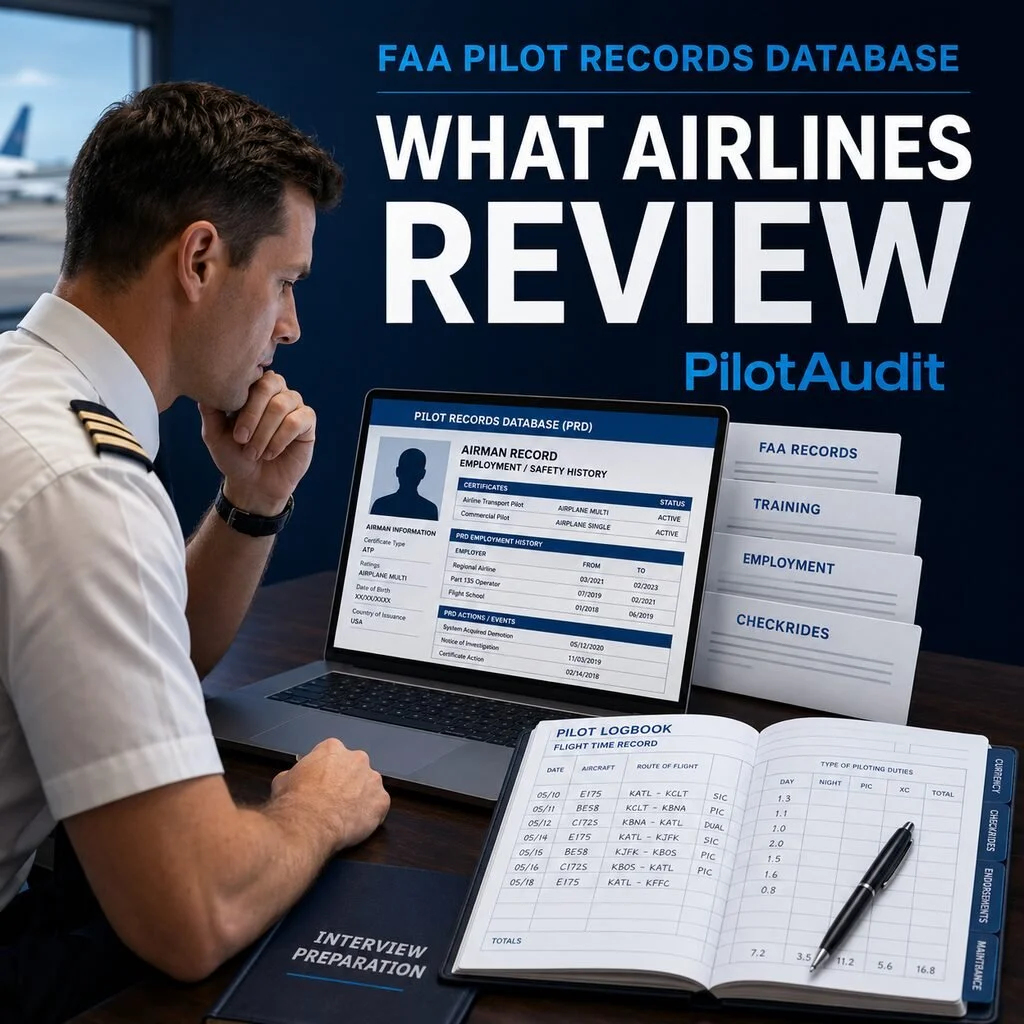 Airline pilot reviewing FAA Pilot Records Database information and a flight logbook before an interview.