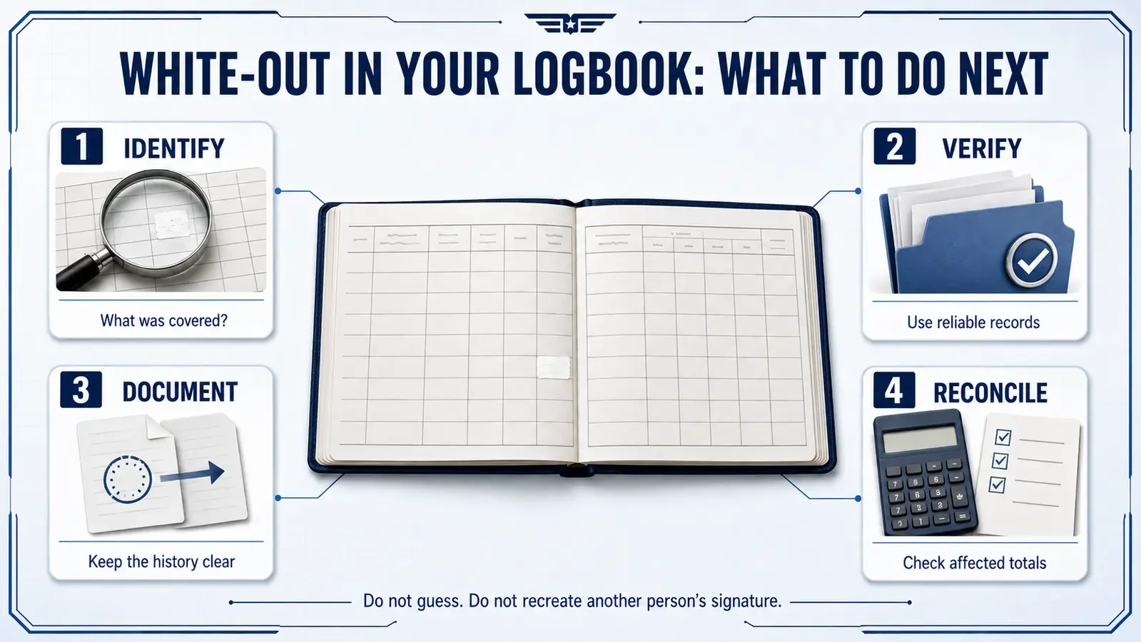 Steps for reviewing white-out in a pilot logbook: identify, verify, document, and reconcile