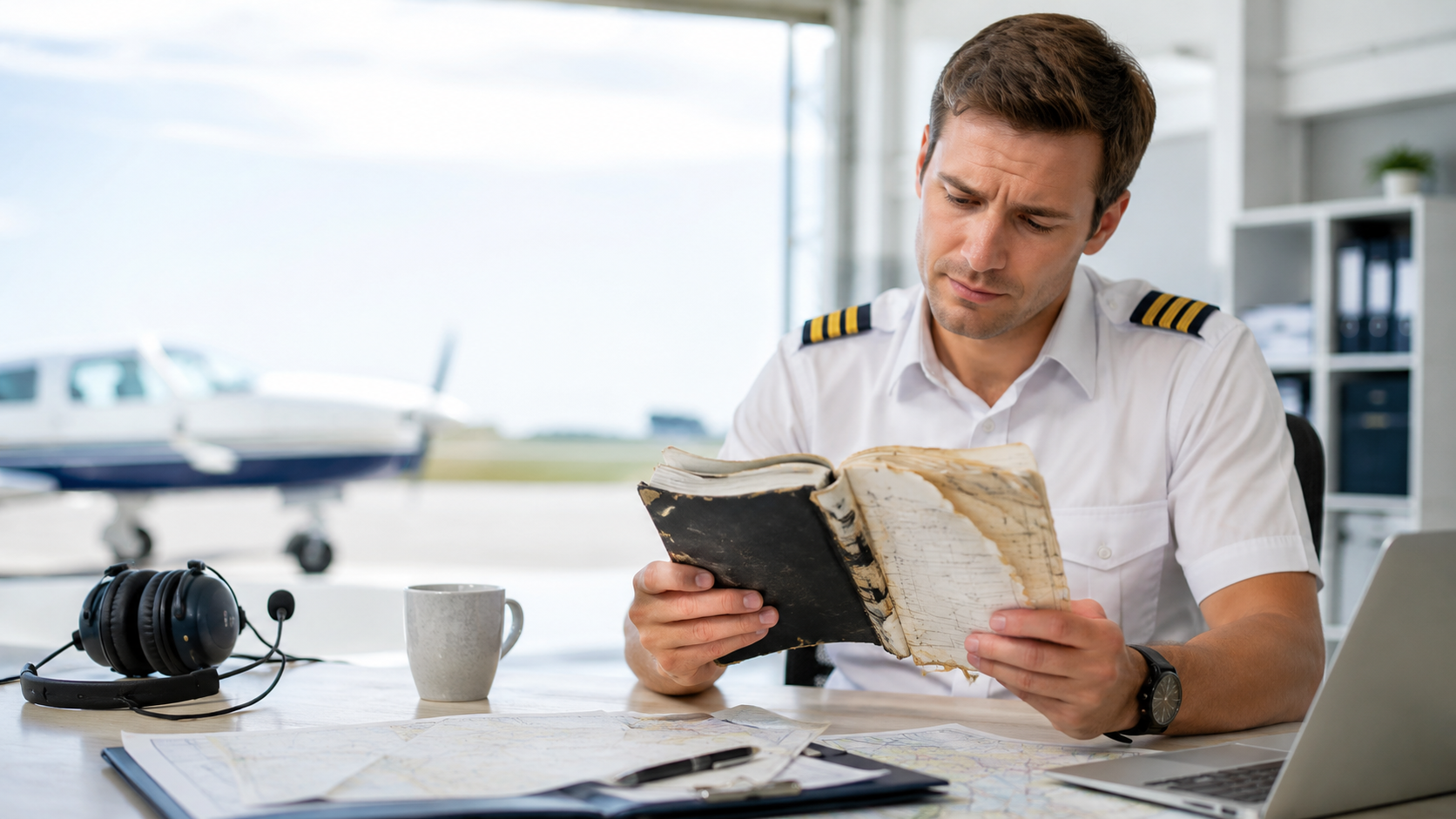 image of pilot holding damaged pilot logbook
